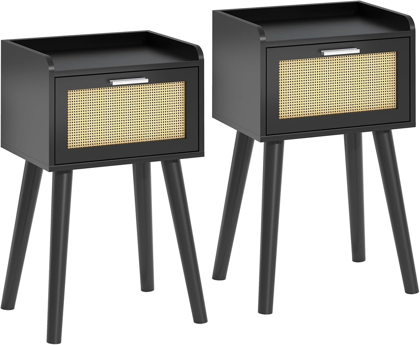 LAATOOREE Nightstands Set of 2, Small Side Table, Bedside Table with Fluted Door, Solid Wood Feet; Modern Mid-Century End Table for Bedroom, Small Space (Black)