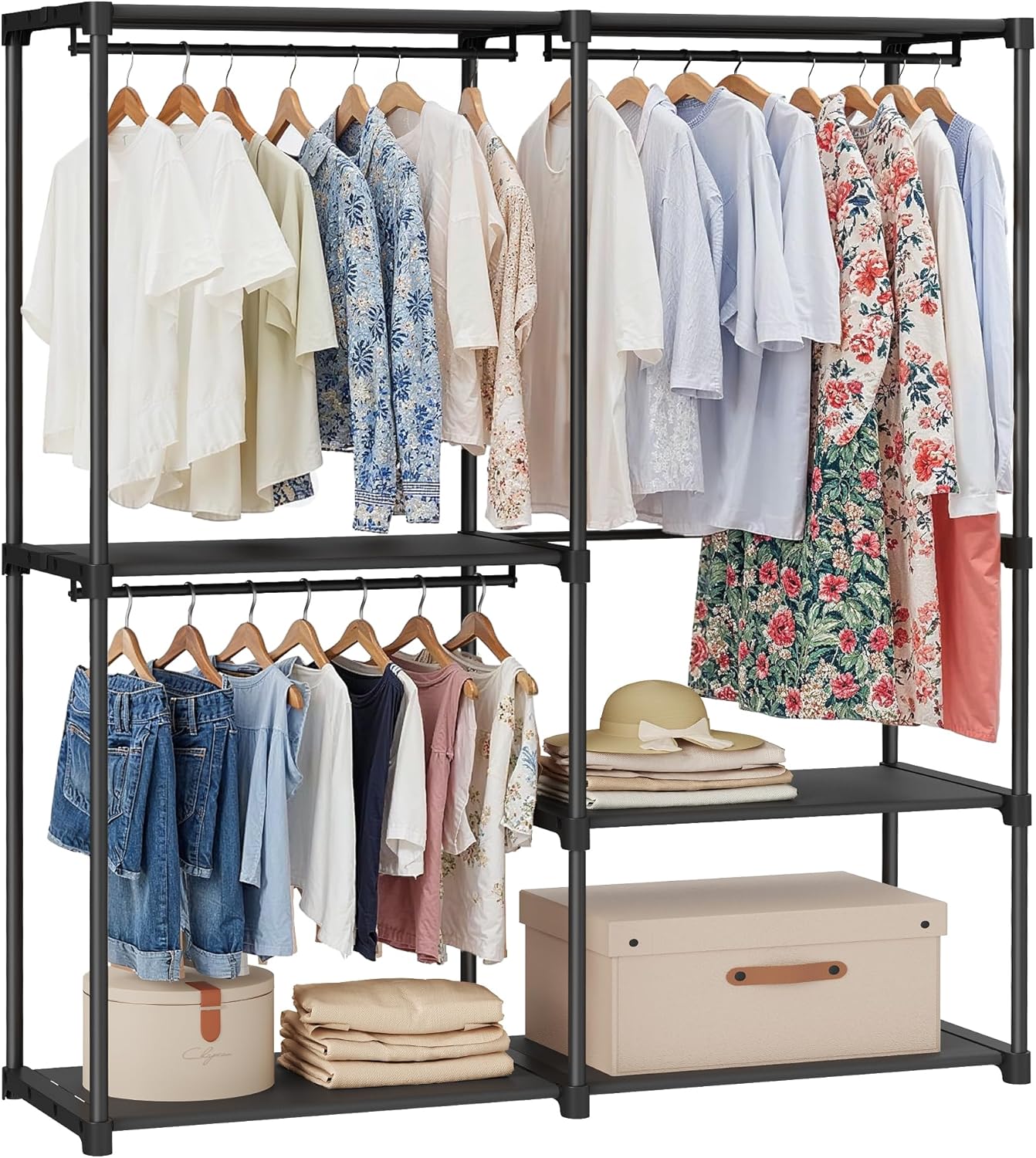 SONGMICS Portable Closet, Freestanding Closet Organizer, Clothes Rack with Shelves, Hanging Rods, Storage Organizer, for Cloakroom, Bedroom, 44.1 x 16.9 x 65 Inches, Black URYG24BK