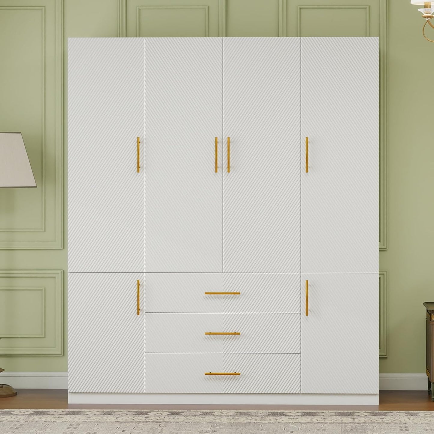 Wooden Armoire Wardrobe Closet：Large Wardrobe Closet with 4 Doors, 3 Drawers for Tall Cabinet, Wardrobe Cabinet for Bedroom with Hanging Rods, Golden Handle, White
