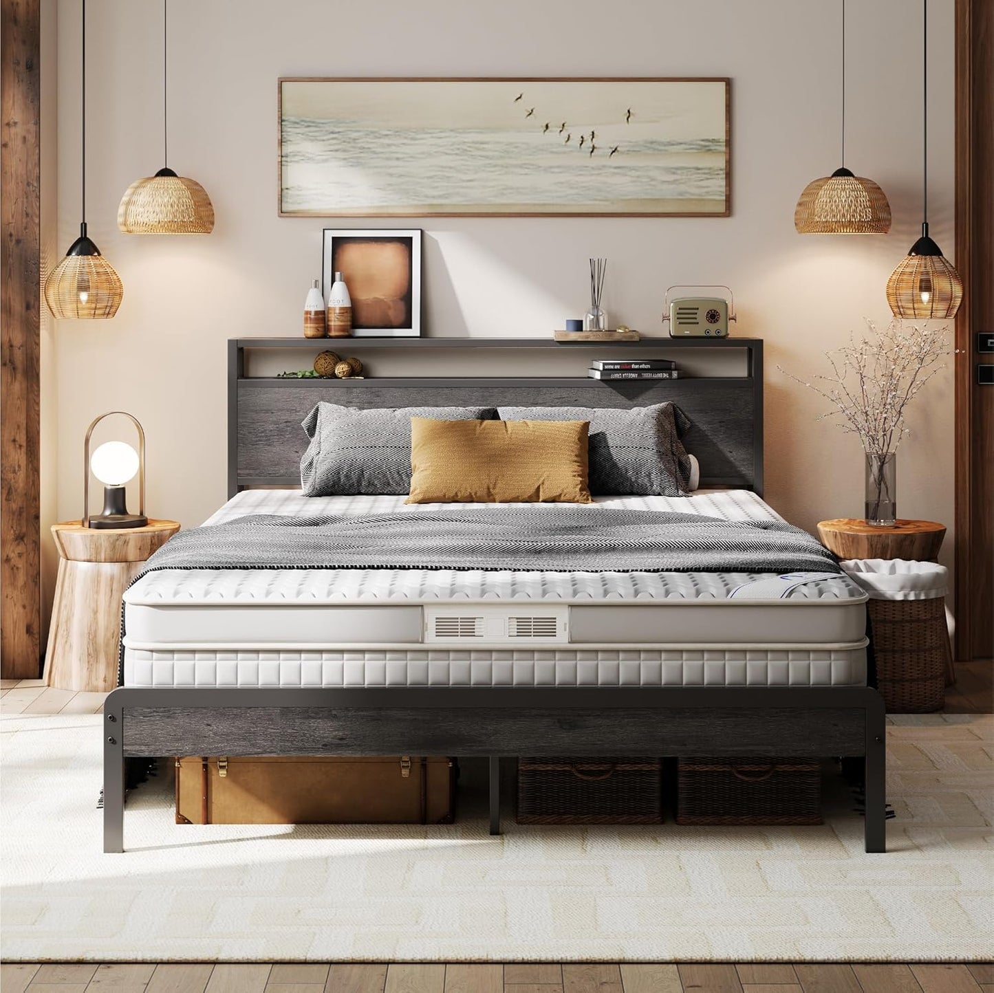 LIKIMIO Full Bed Frame with Headboard, Dark Wood Camas Full with Strong Supports, Sturdy, Noise-Free, No Box Spring Needed, Charcoal Grey