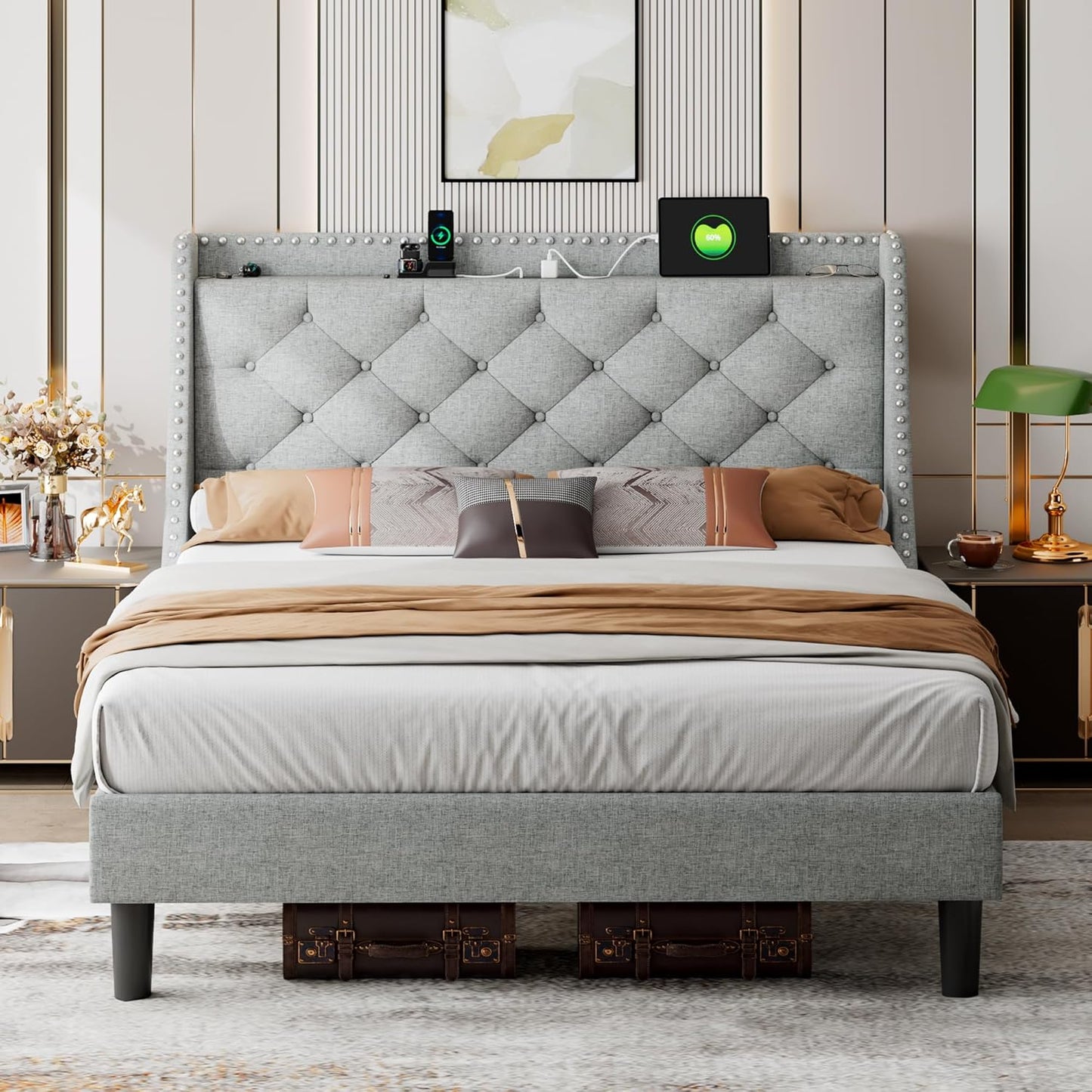 iPormis Full Bed Frame with 16" Comfort Wingback & Charging Station, Upholstered Platform Bed with Button Tufted Storage Headboard, Solid Wood Slats Support, No Box Spring Needed, Black