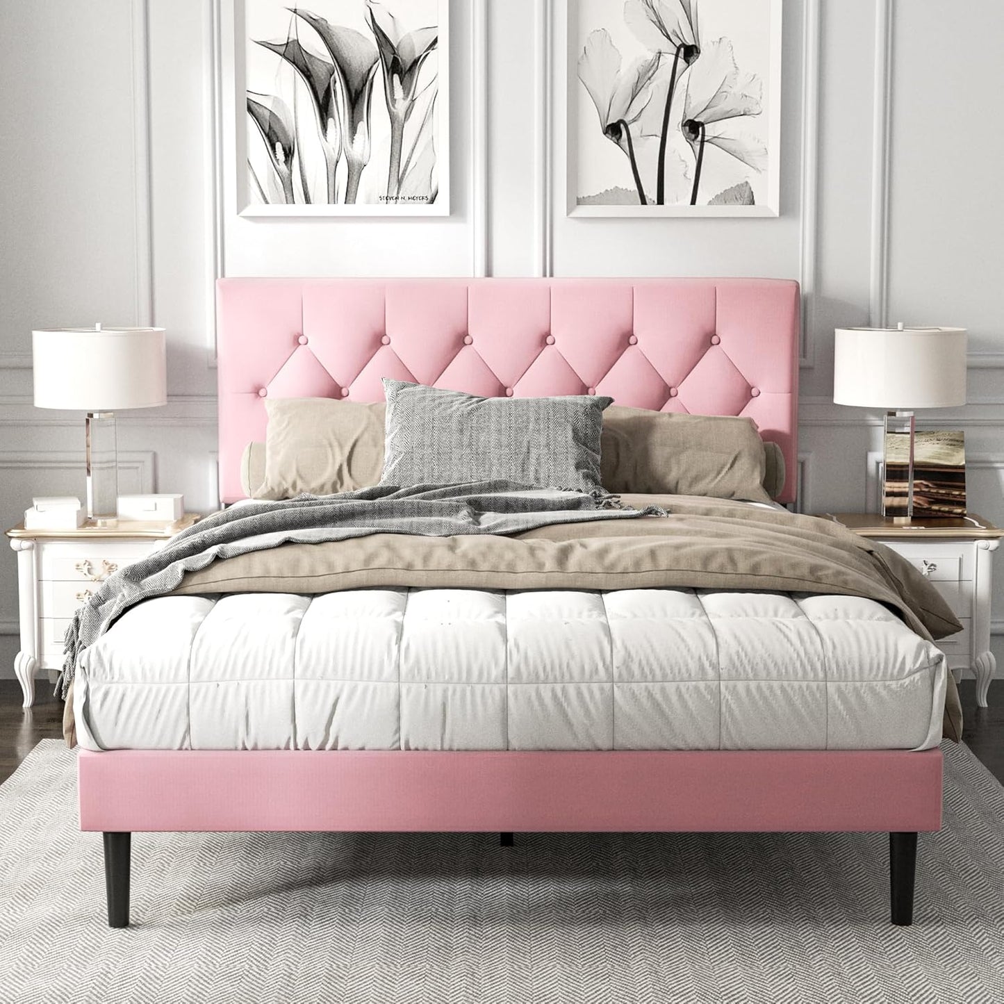 Full Size Platform Bed Frame with Upholstered Button Tufted Headboard, Mattress Foundation with Wooden Slat Support, Noise Free, No Box Spring Needed, Easy Assembly, Light Grey