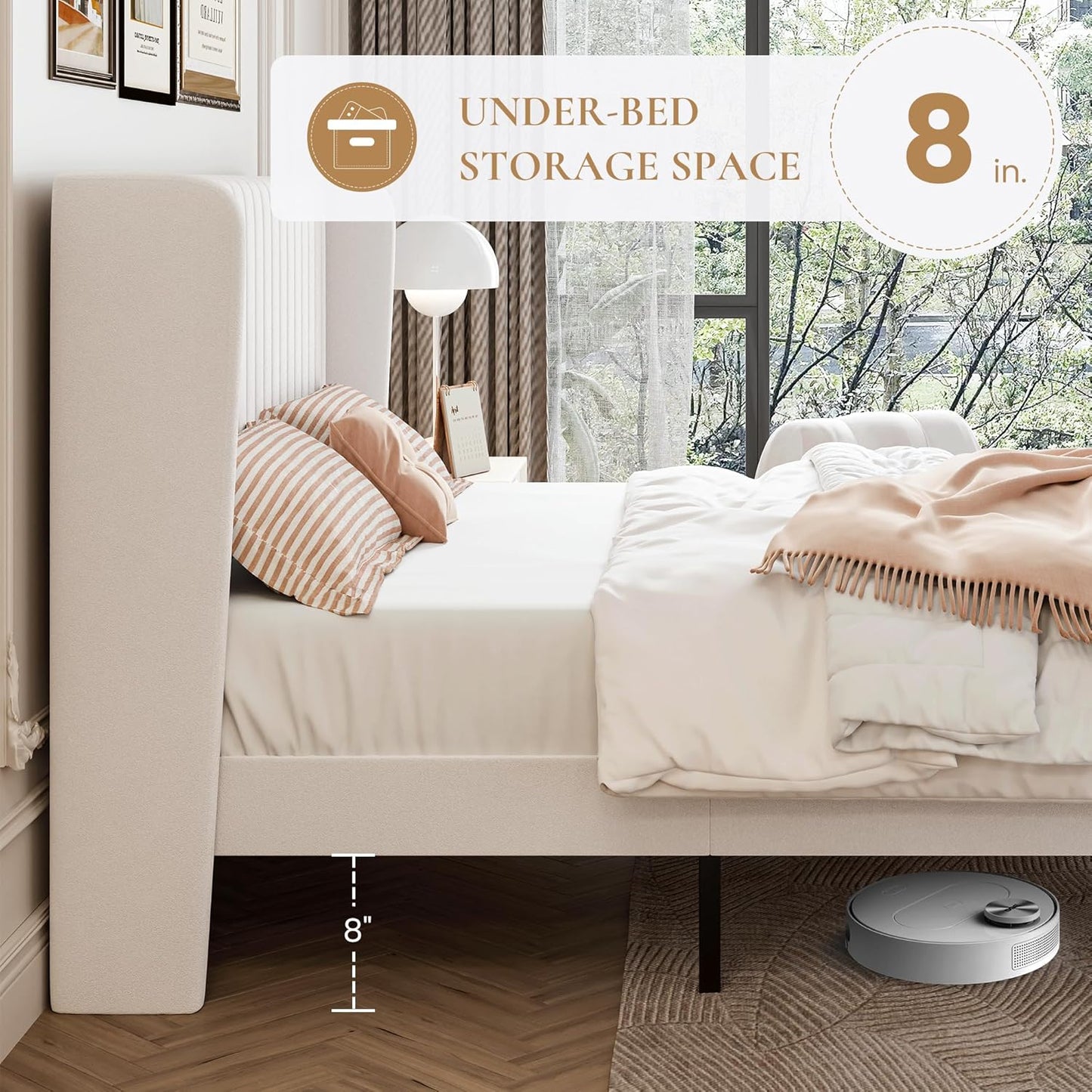 SHA CERLIN Full Size Velvet Bed Frame with Vertical Channel Tufted Wingback Headboard, Upholstered Platform Bed with Wood Slats, No Box Spring Needed, Easy Assembly, White