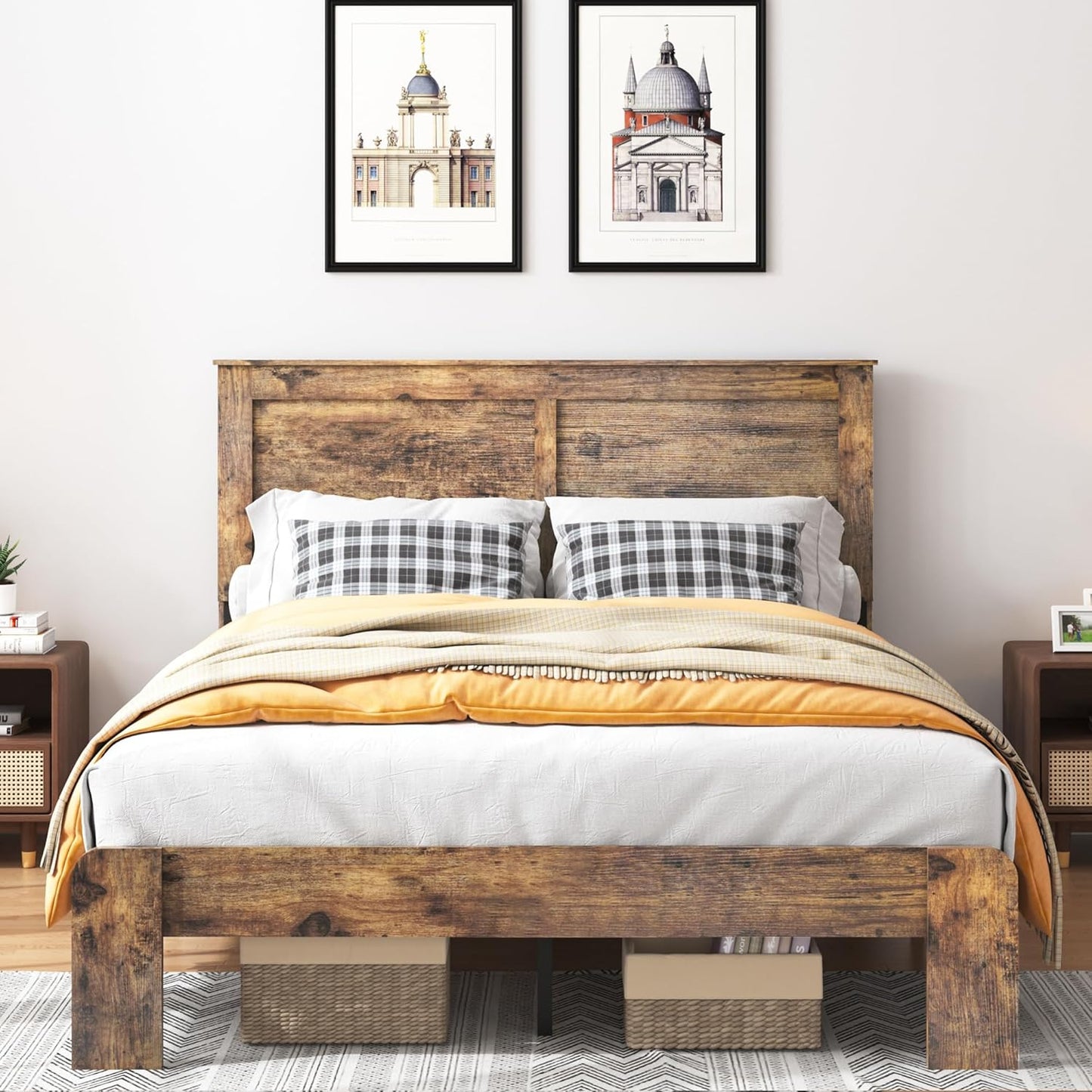 Full Size Bed Frame with Headboard, Rustic Wood Platform Bed Frame with 12 Wooden Slats Support, No Box Spring Needed, Noise Free (Dark Brown, Full)