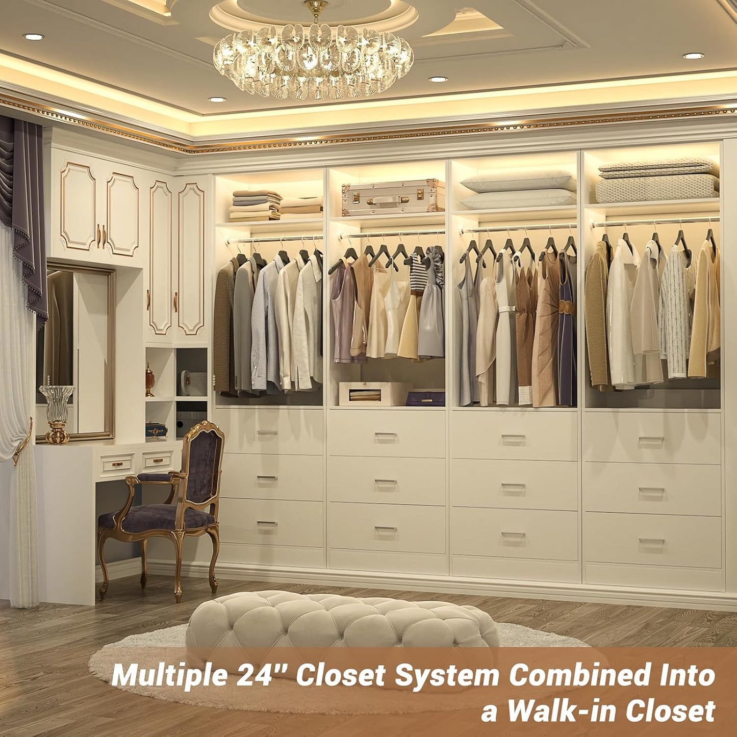 Closet System Set of 2, 4FT Closet Systems with 6 Wood Drawers, 48" Closet Organizer System with 2 Hanging Rods & 2 Shelves, Heavy Duty 48 Inch Walk-in Closet , White (48"L x 15" W x 80" H)