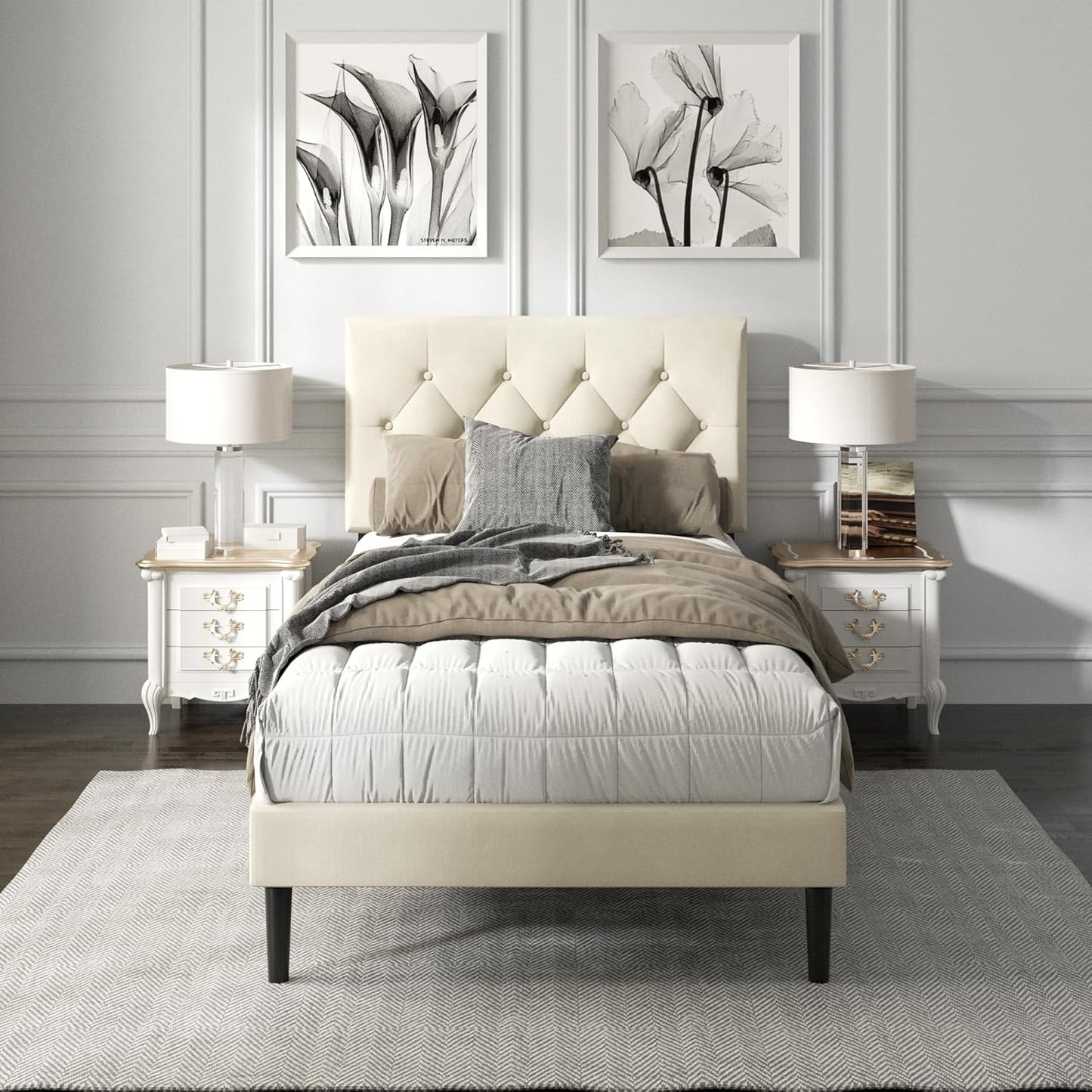 Full Size Platform Bed Frame with Upholstered Button Tufted Headboard, Mattress Foundation with Wooden Slat Support, Noise Free, No Box Spring Needed, Easy Assembly, Light Grey