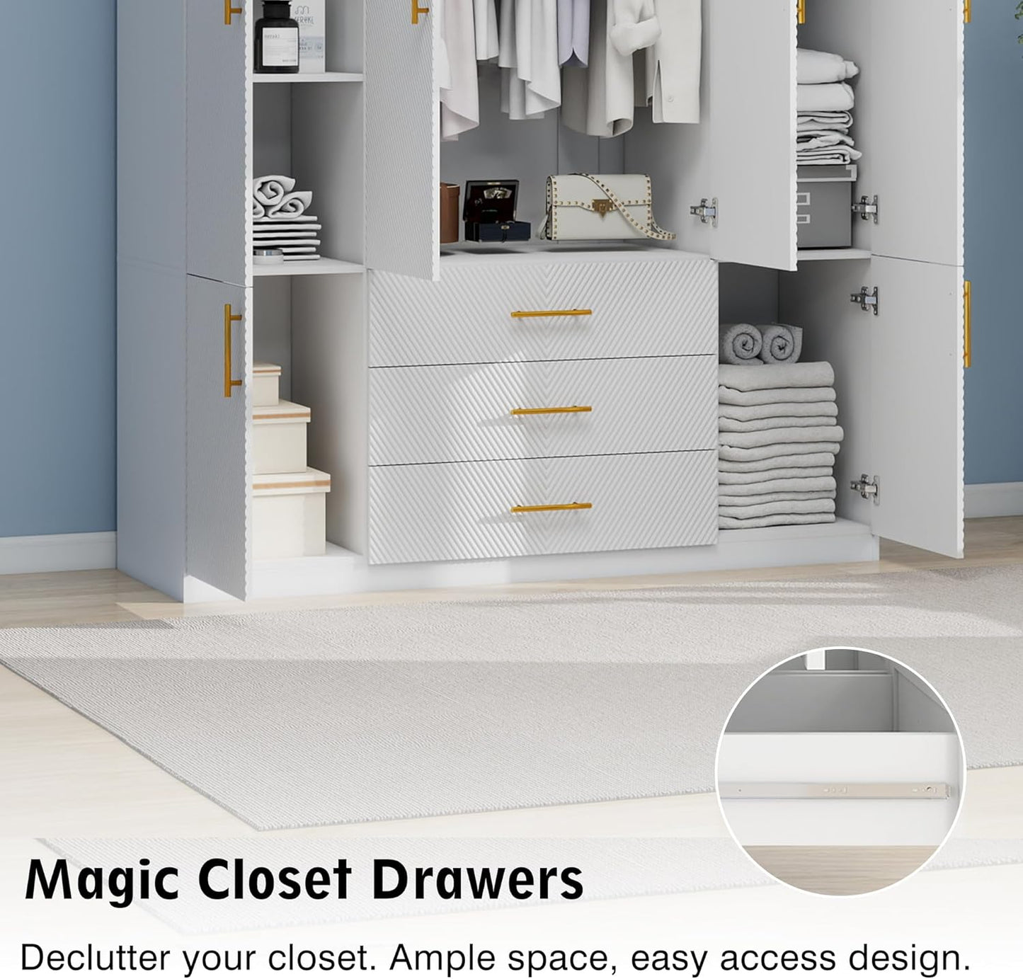 Wooden Armoire Wardrobe Closet：Large Wardrobe Closet with 4 Doors, 3 Drawers for Tall Cabinet, Wardrobe Cabinet for Bedroom with Hanging Rods, Golden Handle, White