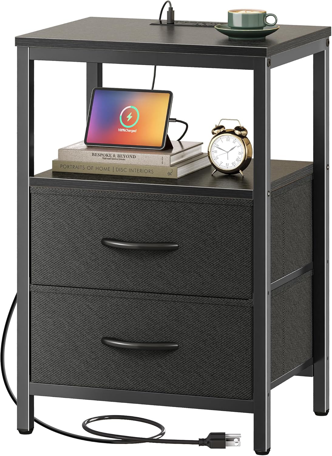 Huuger Nightstand with Charging Station, Side Table with Fabric Drawers, End Table with Open Shelf, Bedside Table with USB Ports and Outlets, Night Stand for Bedroom, White