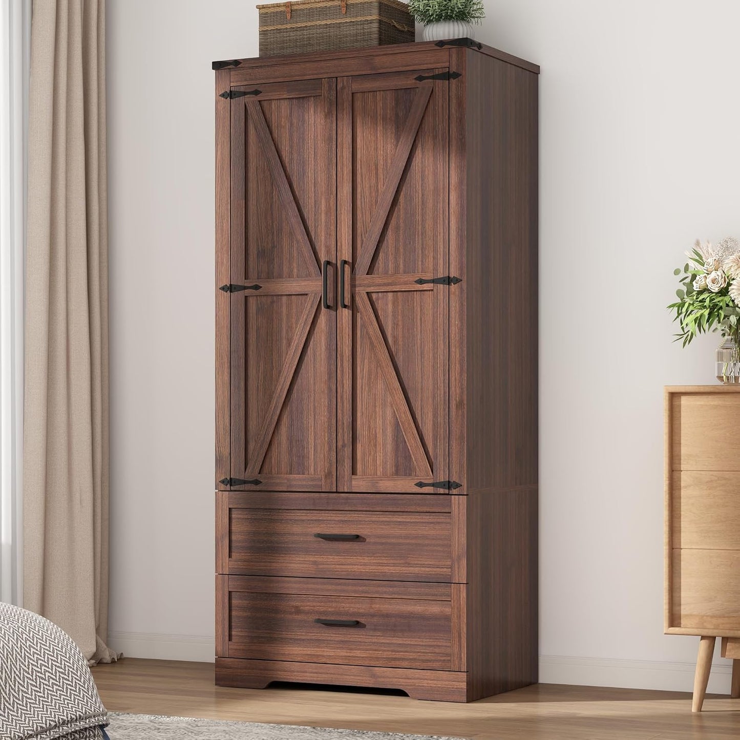 3 Doors Wardrobe Armoire Closet with Doors and Drawers, Farmhouse Wooden Armoire Storage Cabinet with Shelves & Hanging Rod for Bedroom, White