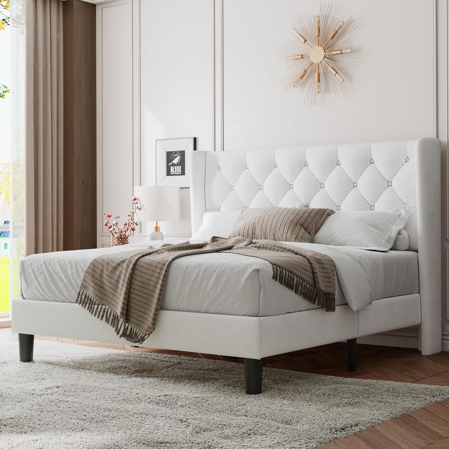Feonase Full Size Bed Frame with Upholstered Wingback Headboard, Platform Bed and Heavy Duty Wooden Slats Support, Easy Assembly, Noise-Free, No Box Spring Needed, Dark Gray