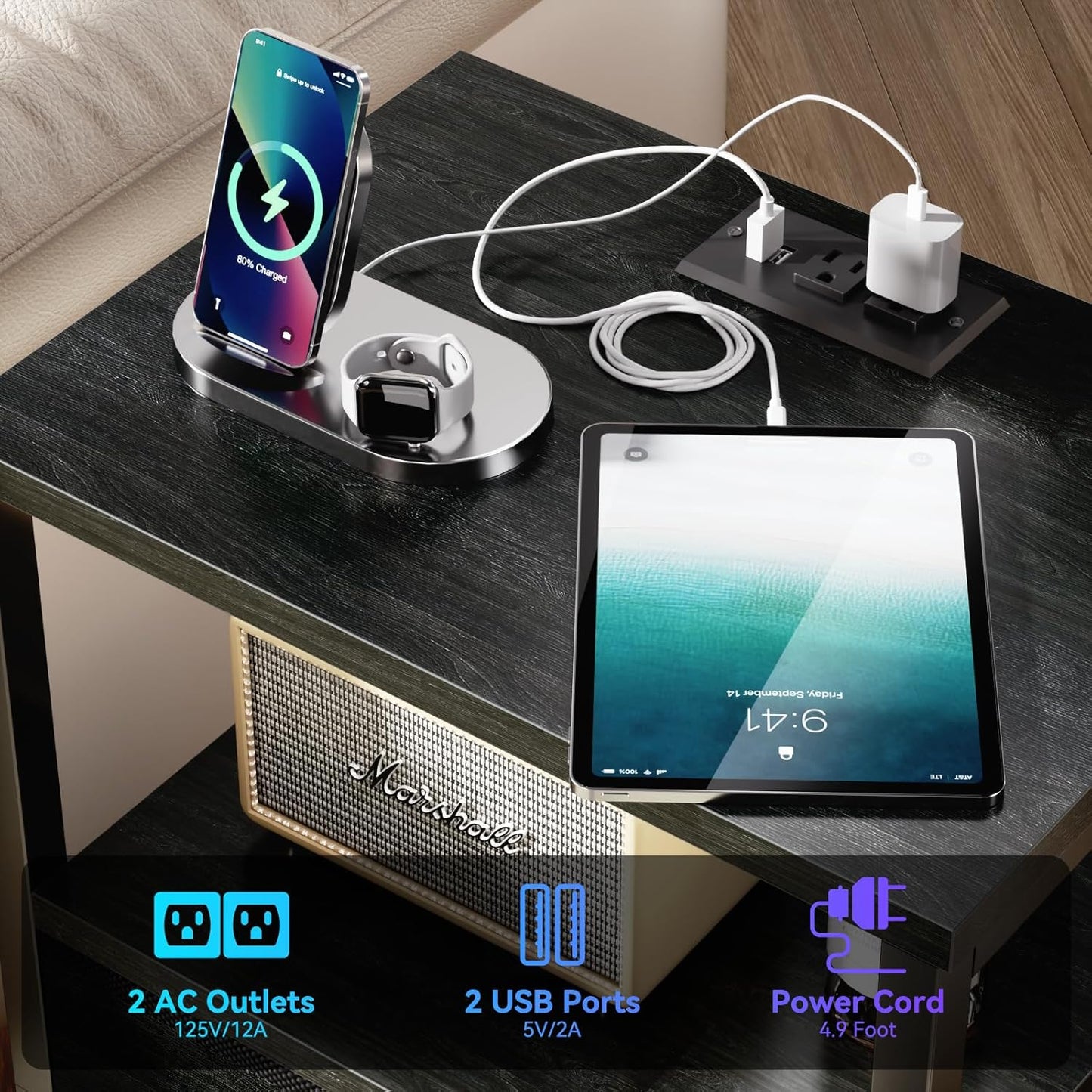 Furologee Nightstands Set of 2, End Tables with Charging Station and LED Lights, Black Night Stands with 2 Fabric Drawers, Bedside Tables Set of 2 for Living Room/Bedroom,Black Oak