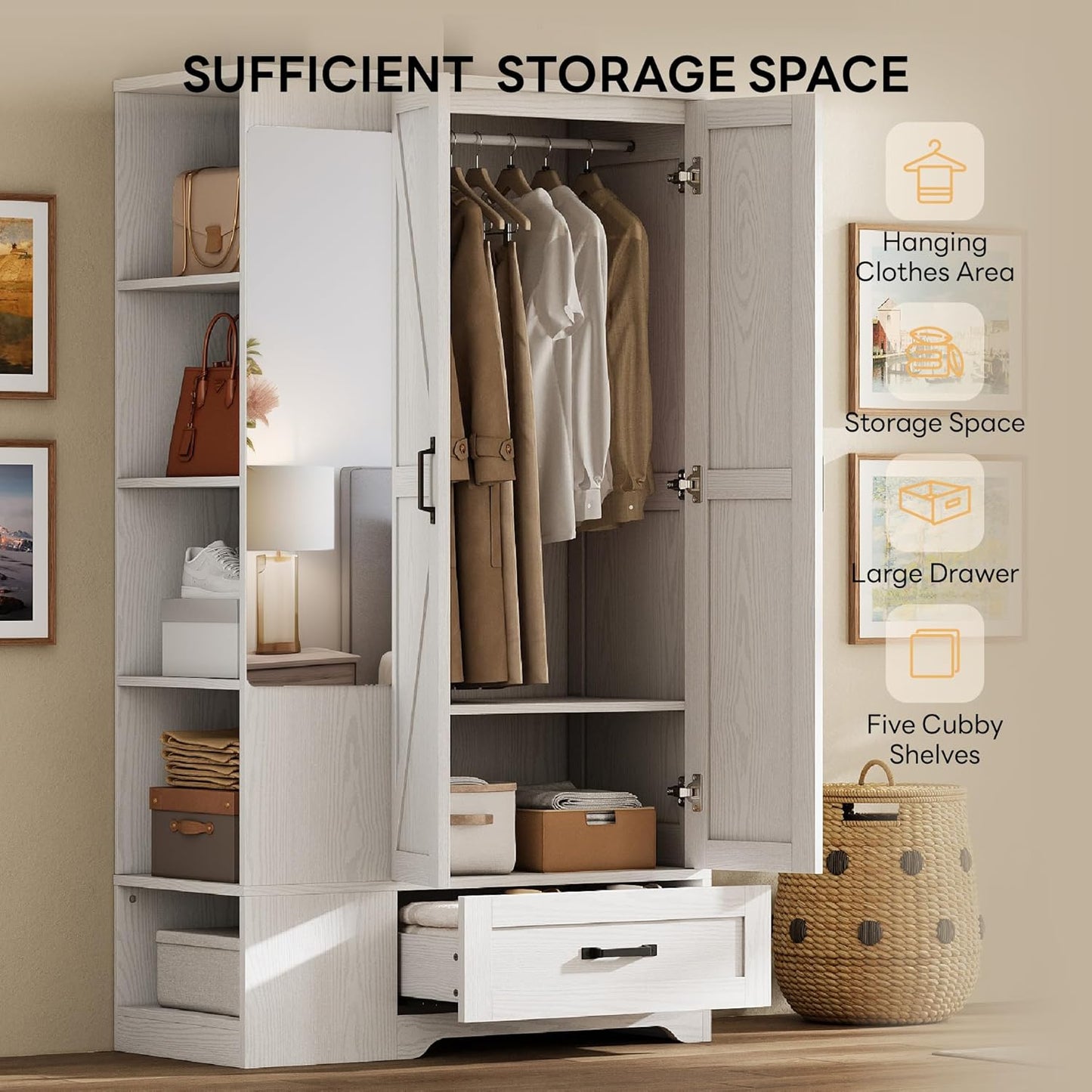 LIKIMIO Armoire Wardrobe Closet 70 Inches, Large Storage with Mirror, 2 Doors, Drawer, and Shelves, Modern Bedroom Freestanding Wooden Wardrobe Combination with Hanging Rail, White