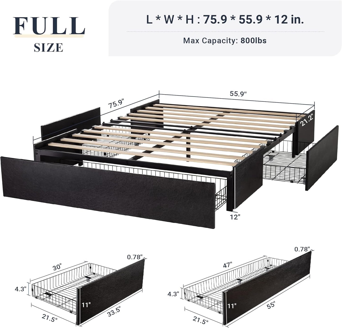 Allewie Full Size Platform Bed Frame with 3 Storage Drawers, Faux Leather Upholstered, Wooden Slats Support, No Box Spring Needed, Easy Assembly, Black