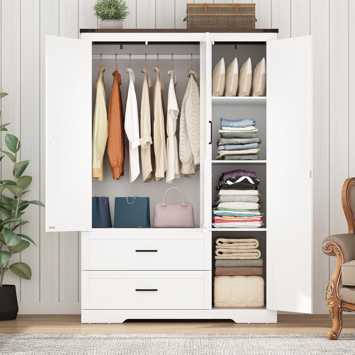 3 Doors Wardrobe Armoire Closet with Doors and Drawers, Farmhouse Wooden Armoire Storage Cabinet with Shelves & Hanging Rod for Bedroom, White