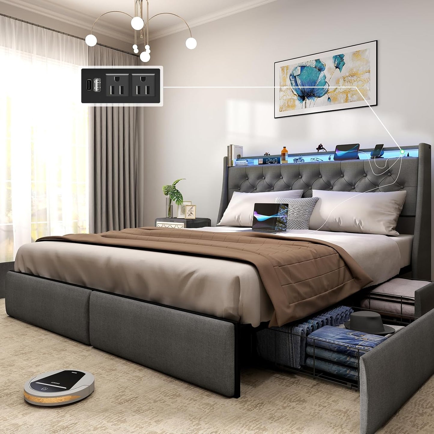 SADENICEL Queen Bed Frame with Storage Headboard and 2 Drawer, Metal Queen Size Bed Frame Platform with LED Light, Charging Station, No Box Spring Needed, Noise Free, Easy Assembly, Grey
