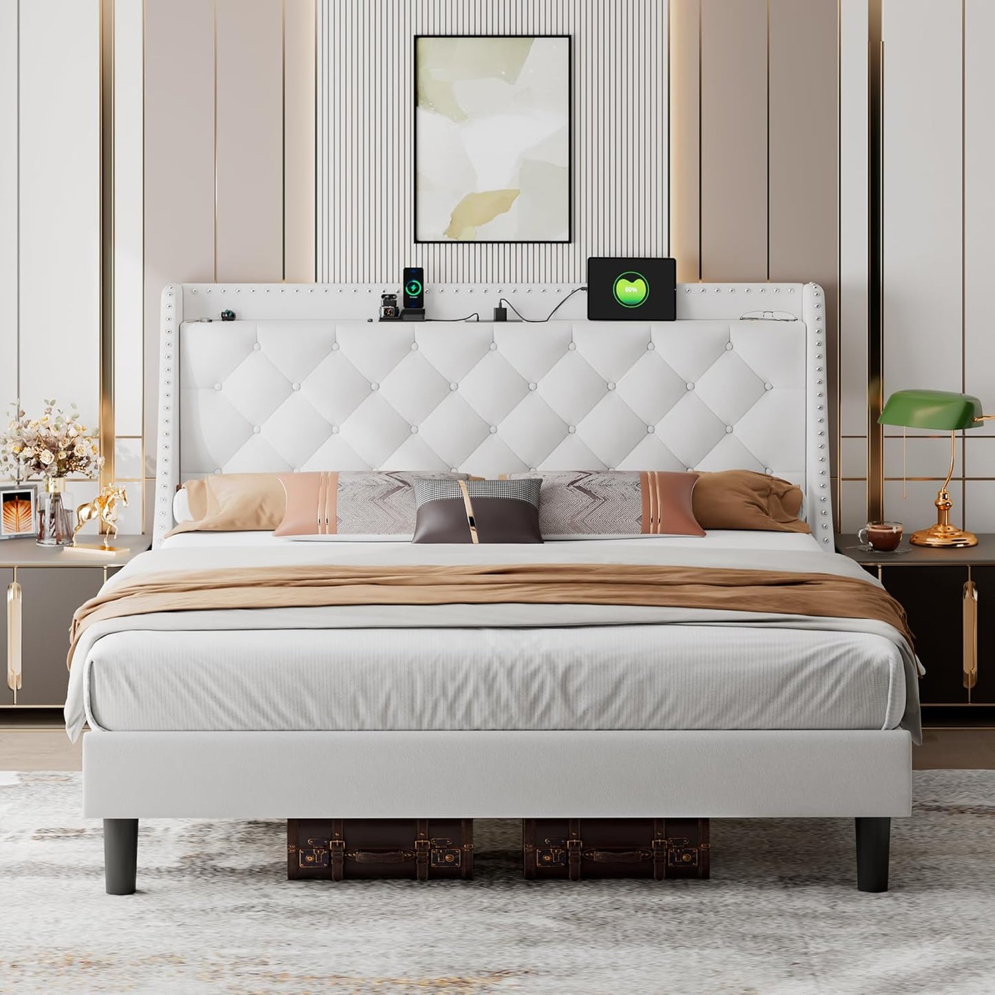 iPormis Full Bed Frame with 16" Comfort Wingback & Charging Station, Upholstered Platform Bed with Button Tufted Storage Headboard, Solid Wood Slats Support, No Box Spring Needed, Black