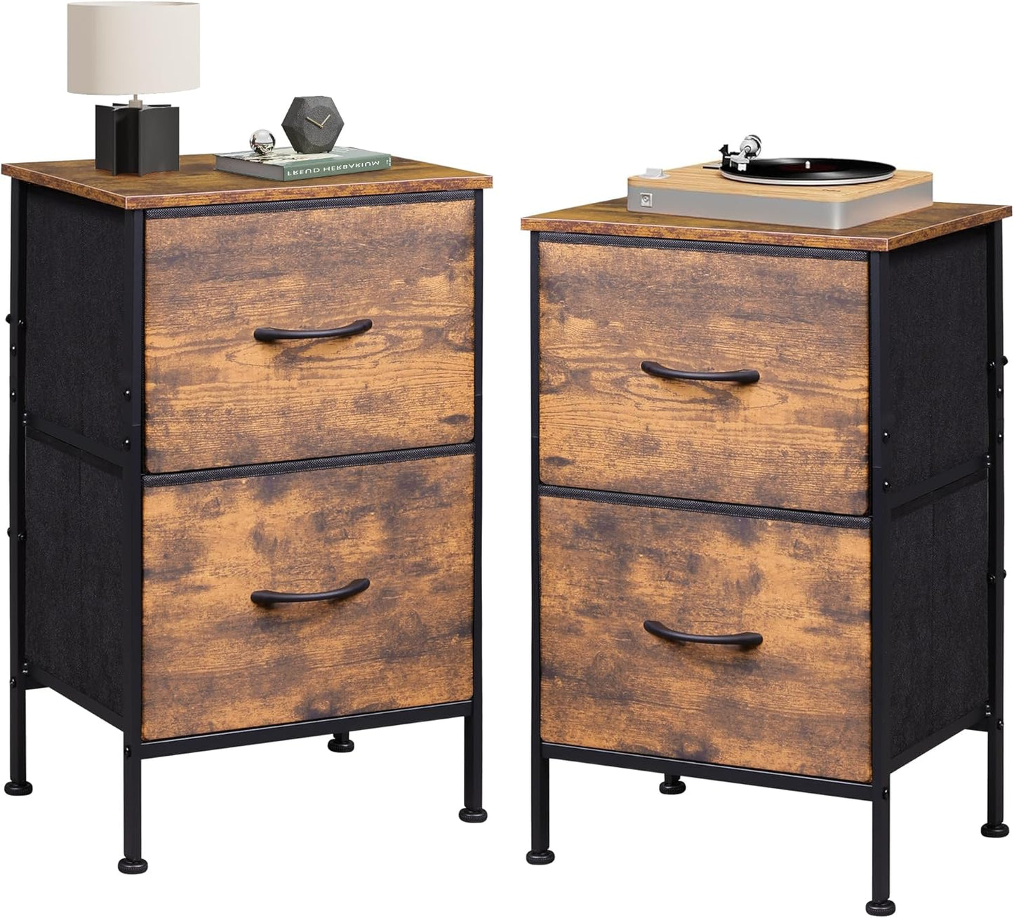 WLIVE Night Stand, Small 2 Drawer Dresser, Nightstand with Fabric Bins for Bedroom, Closet, Dorm, Rustic Brown Wood Grain Print, 11.8" D x 15.7" W x 20.9" H