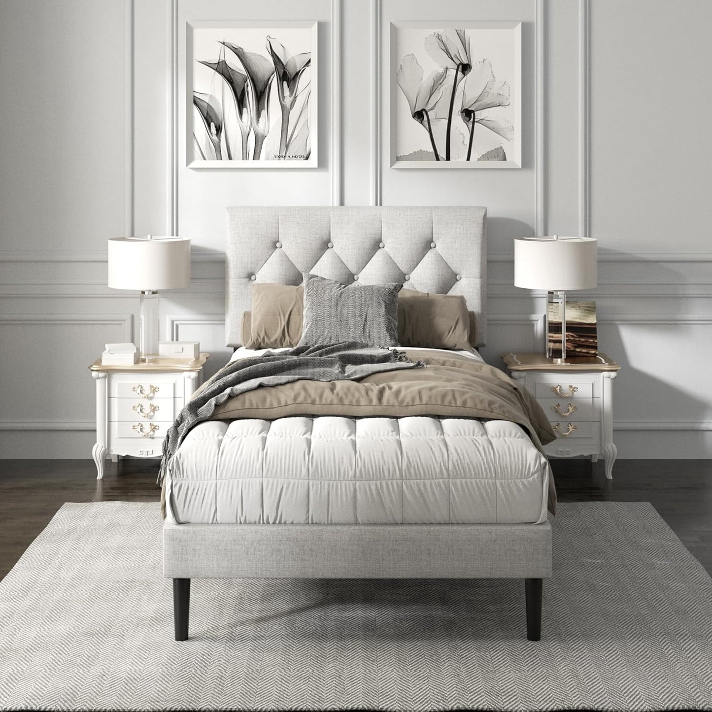 Full Size Platform Bed Frame with Upholstered Button Tufted Headboard, Mattress Foundation with Wooden Slat Support, Noise Free, No Box Spring Needed, Easy Assembly, Light Grey