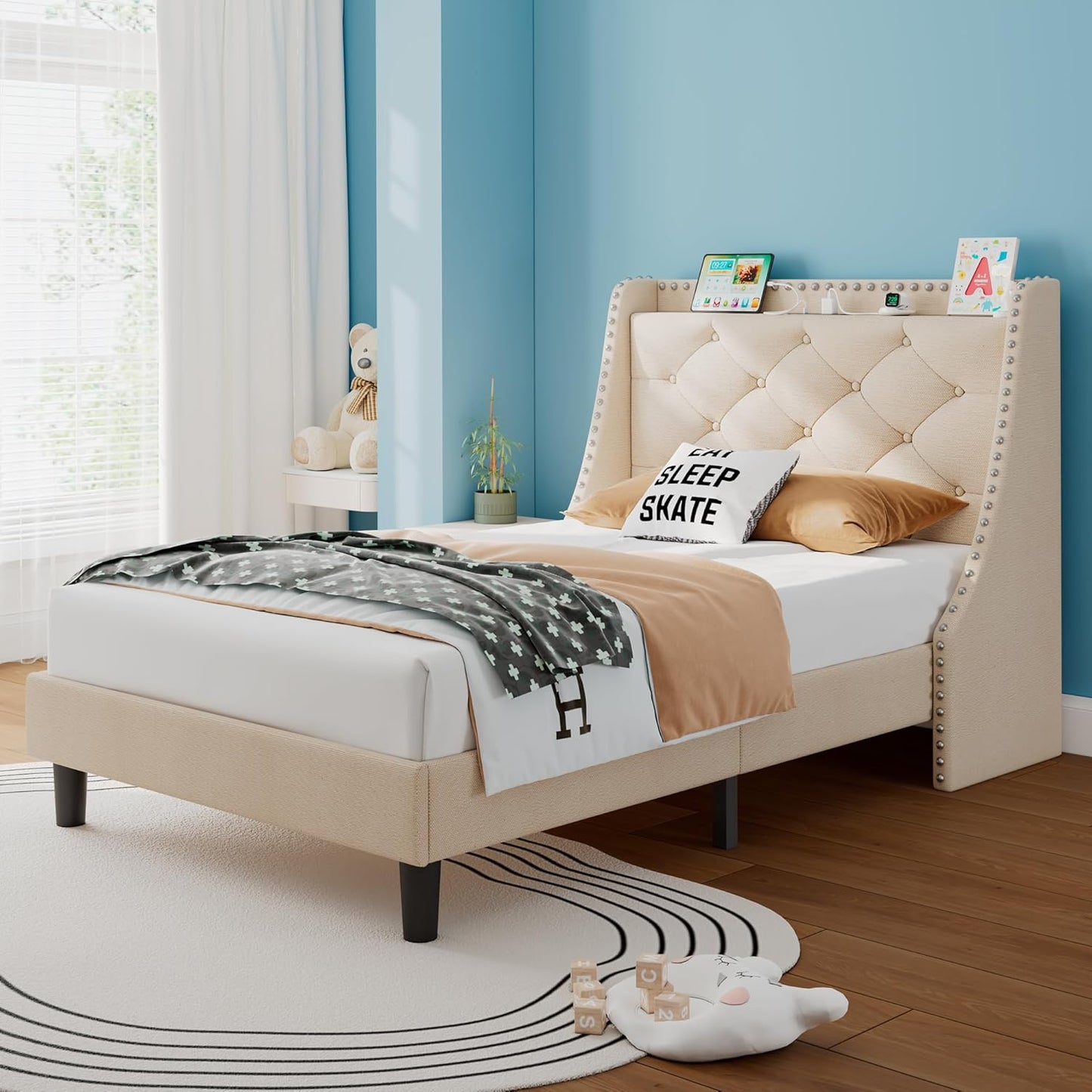 iPormis Full Bed Frame with 16" Comfort Wingback & Charging Station, Upholstered Platform Bed with Button Tufted Storage Headboard, Solid Wood Slats Support, No Box Spring Needed, Black