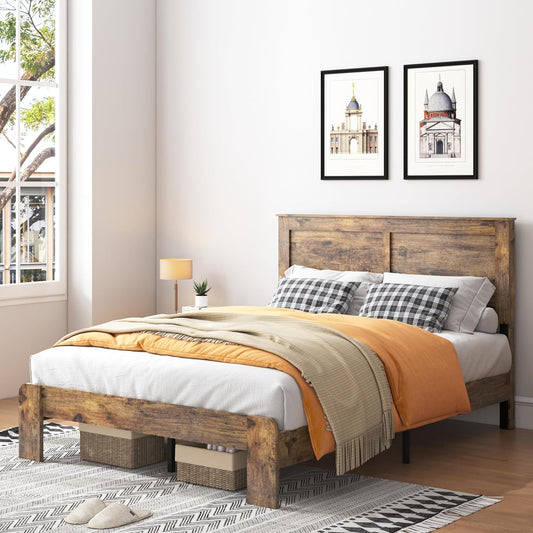 Full Size Bed Frame with Headboard, Rustic Wood Platform Bed Frame with 12 Wooden Slats Support, No Box Spring Needed, Noise Free (Dark Brown, Full)