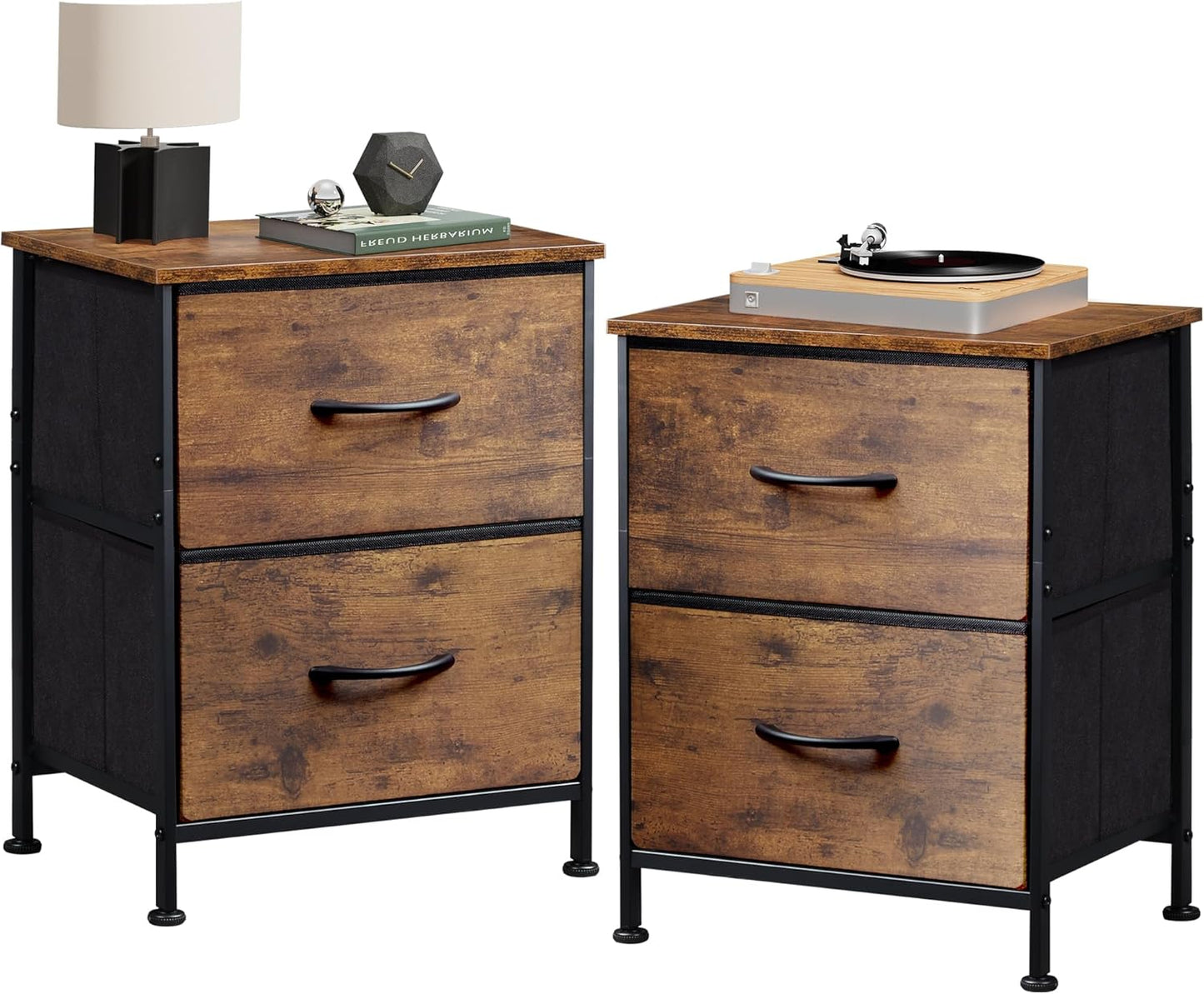 WLIVE Night Stand, Small 2 Drawer Dresser, Nightstand with Fabric Bins for Bedroom, Closet, Dorm, Rustic Brown Wood Grain Print, 11.8" D x 15.7" W x 20.9" H