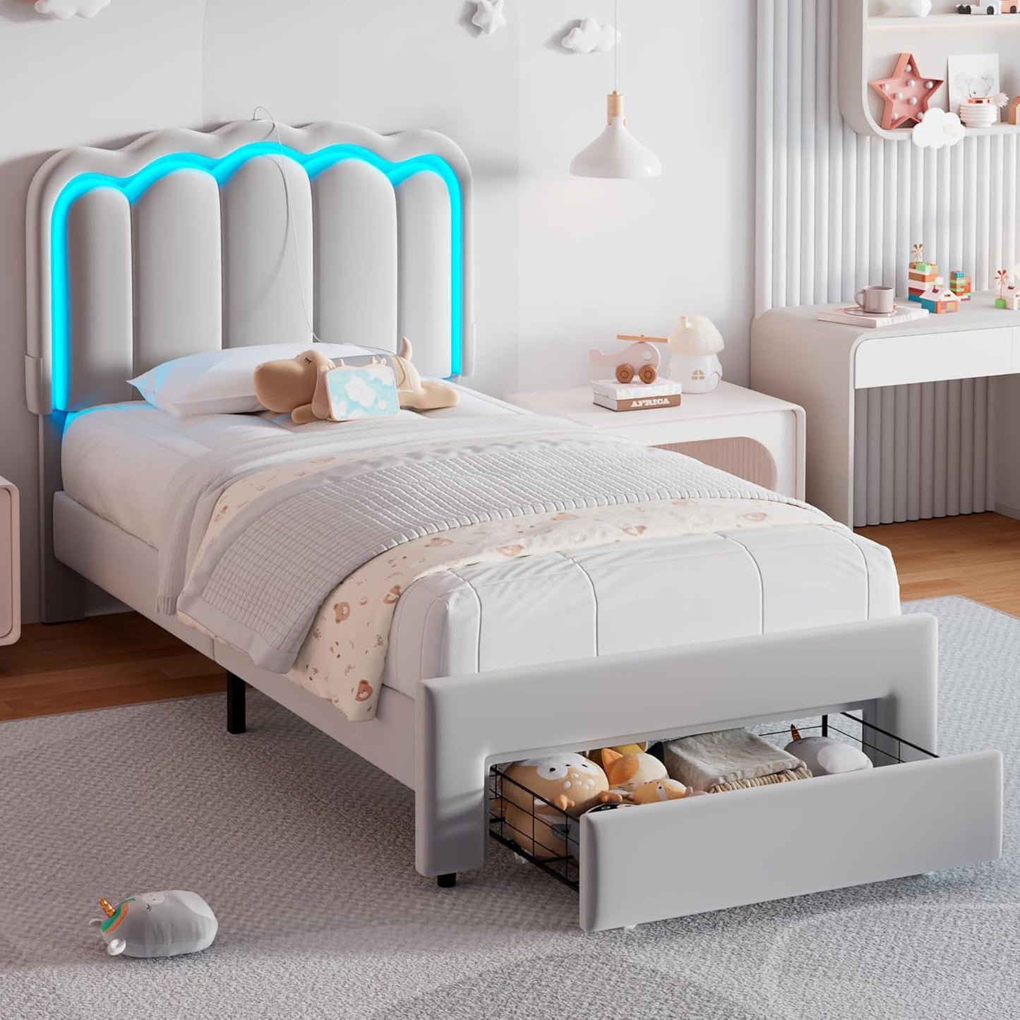 Full Upholstered LED Bed Frame with 2 Storage Drawers and Adjustable Chic Double Wavy Headboard, Velvet Princess Platform Bed with Charing Station, Solid Wood Slats Support,No Box Spring Needed,Beige