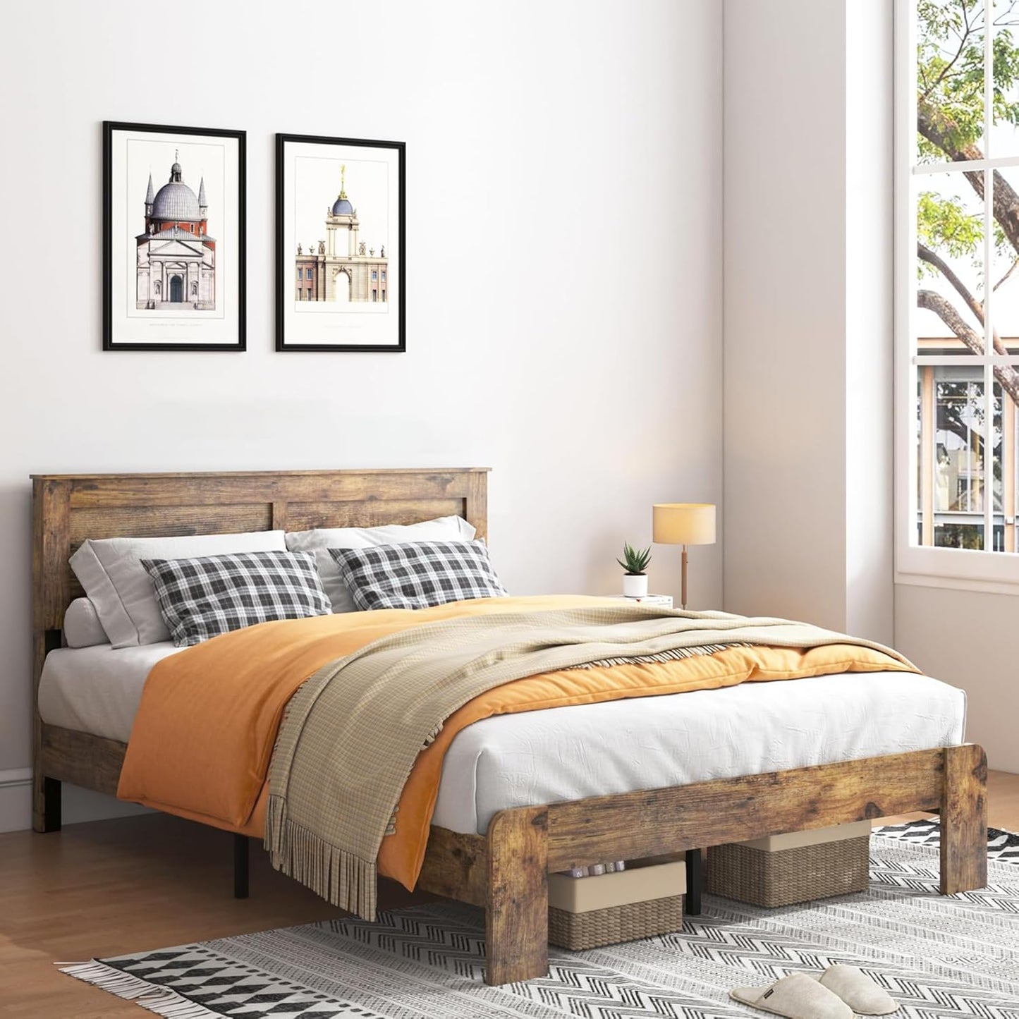 Full Size Bed Frame with Headboard, Rustic Wood Platform Bed Frame with 12 Wooden Slats Support, No Box Spring Needed, Noise Free (Dark Brown, Full)