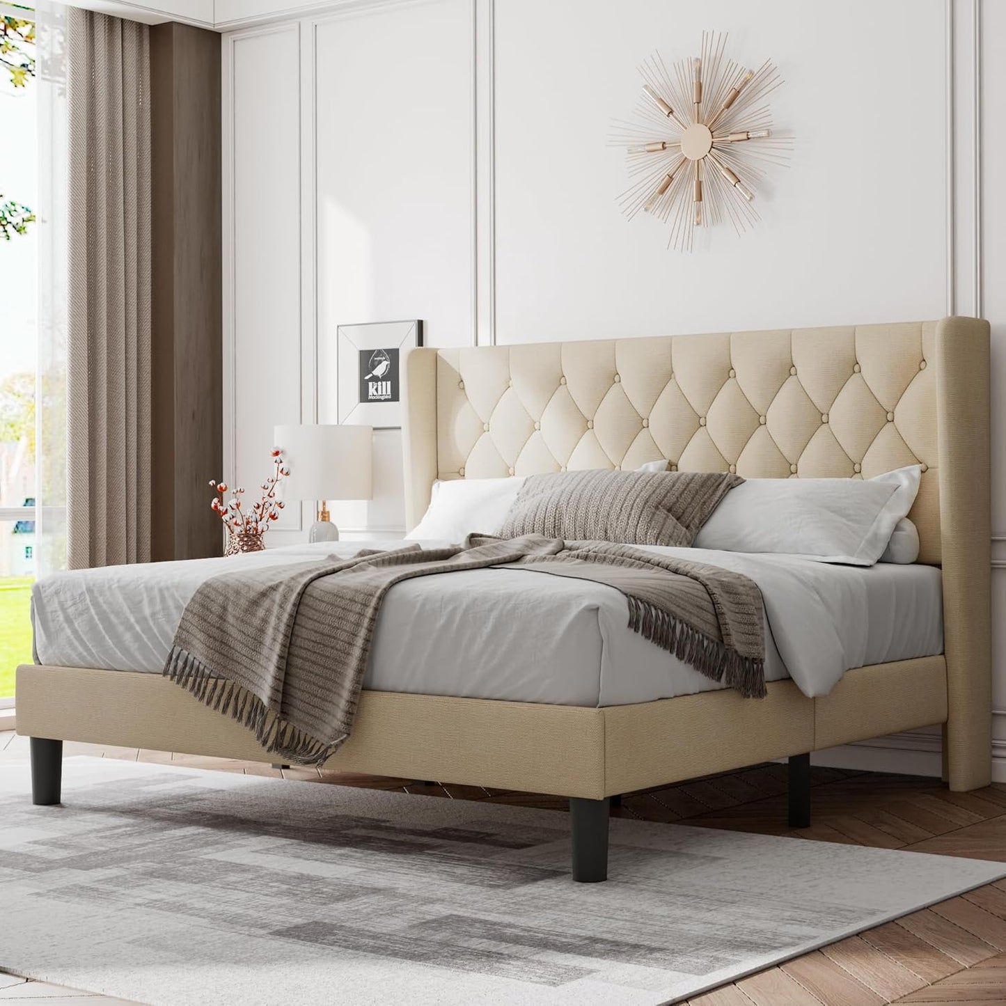 Feonase Full Size Bed Frame with Upholstered Wingback Headboard, Platform Bed and Heavy Duty Wooden Slats Support, Easy Assembly, Noise-Free, No Box Spring Needed, Dark Gray