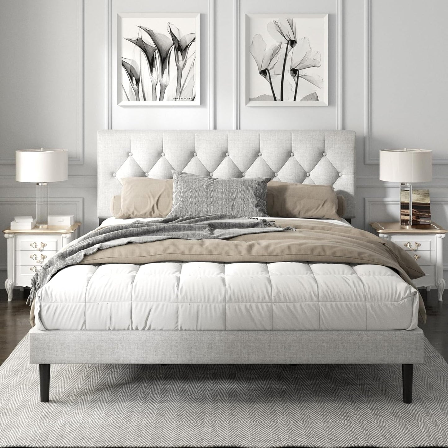 Full Size Platform Bed Frame with Upholstered Button Tufted Headboard, Mattress Foundation with Wooden Slat Support, Noise Free, No Box Spring Needed, Easy Assembly, Light Grey
