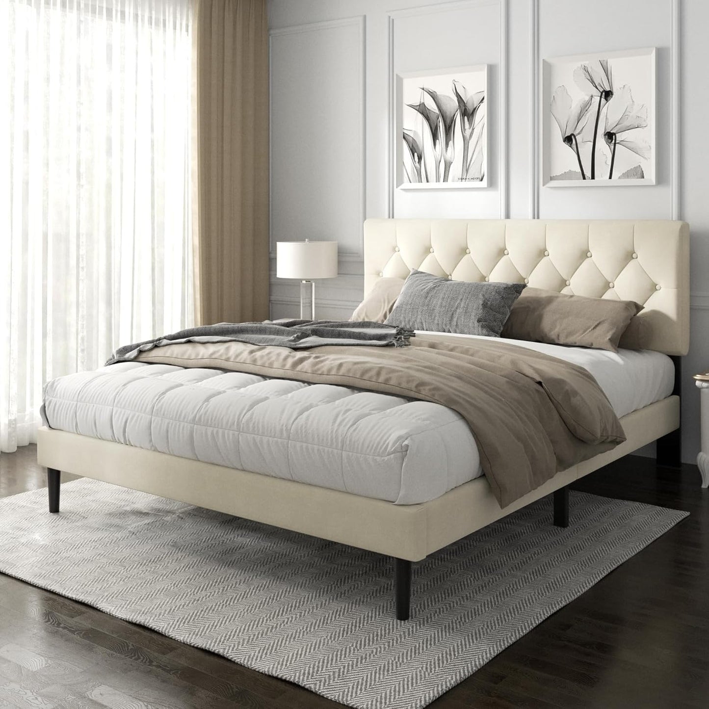 Full Size Platform Bed Frame with Upholstered Button Tufted Headboard, Mattress Foundation with Wooden Slat Support, Noise Free, No Box Spring Needed, Easy Assembly, Light Grey