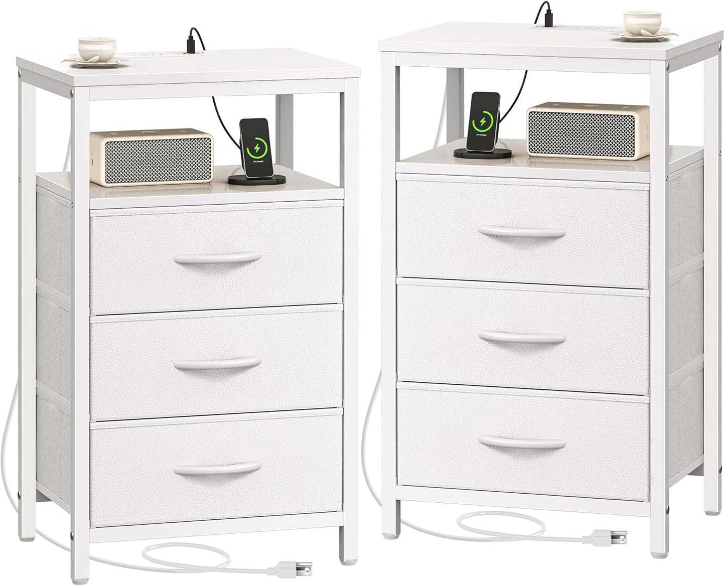 Huuger Nightstand with Charging Station, Side Table with Fabric Drawers, End Table with Open Shelf, Bedside Table with USB Ports and Outlets, Night Stand for Bedroom, White