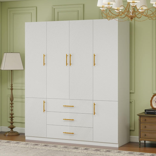 Wooden Armoire Wardrobe Closet：Large Wardrobe Closet with 4 Doors, 3 Drawers for Tall Cabinet, Wardrobe Cabinet for Bedroom with Hanging Rods, Golden Handle, White