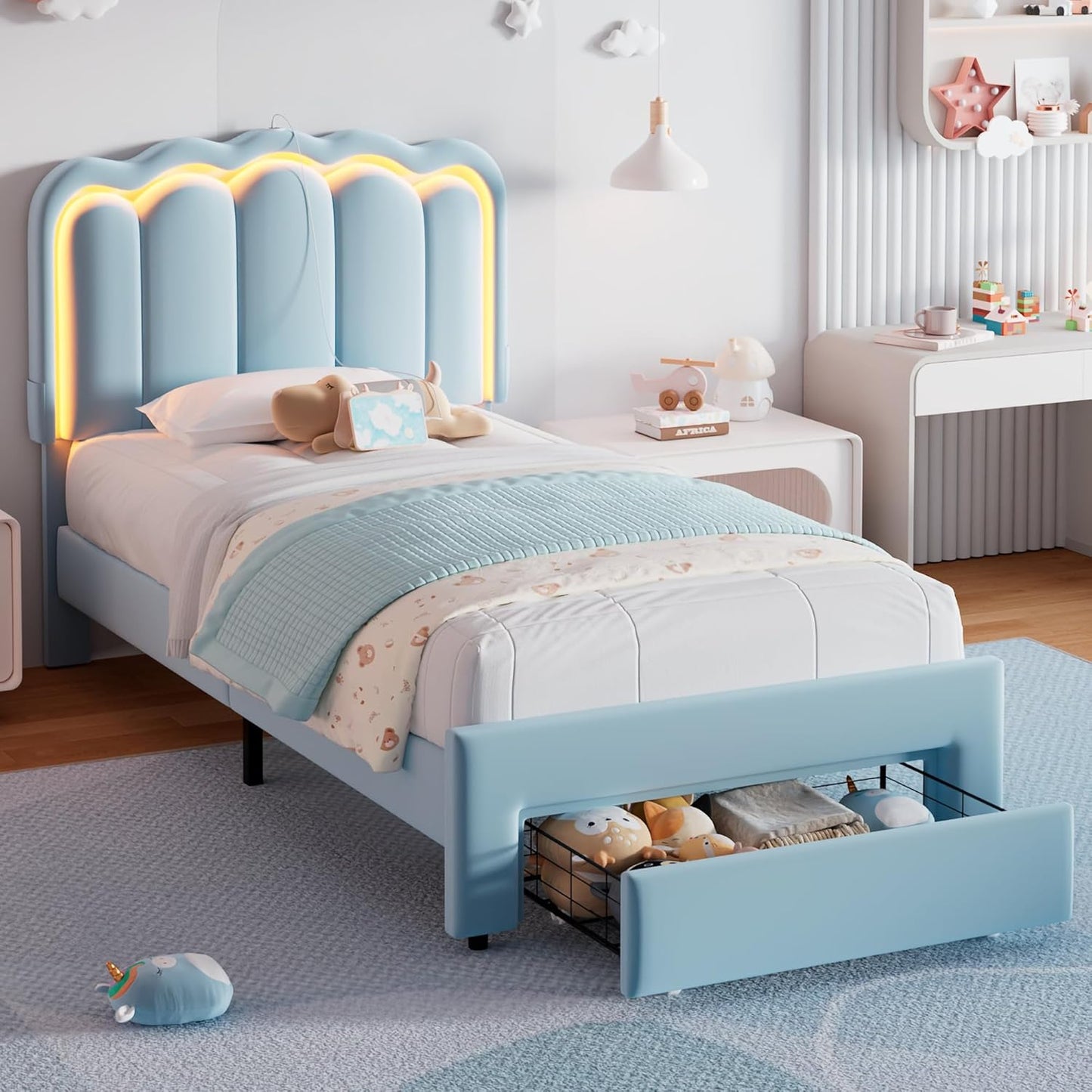 Full Upholstered LED Bed Frame with 2 Storage Drawers and Adjustable Chic Double Wavy Headboard, Velvet Princess Platform Bed with Charing Station, Solid Wood Slats Support,No Box Spring Needed,Beige