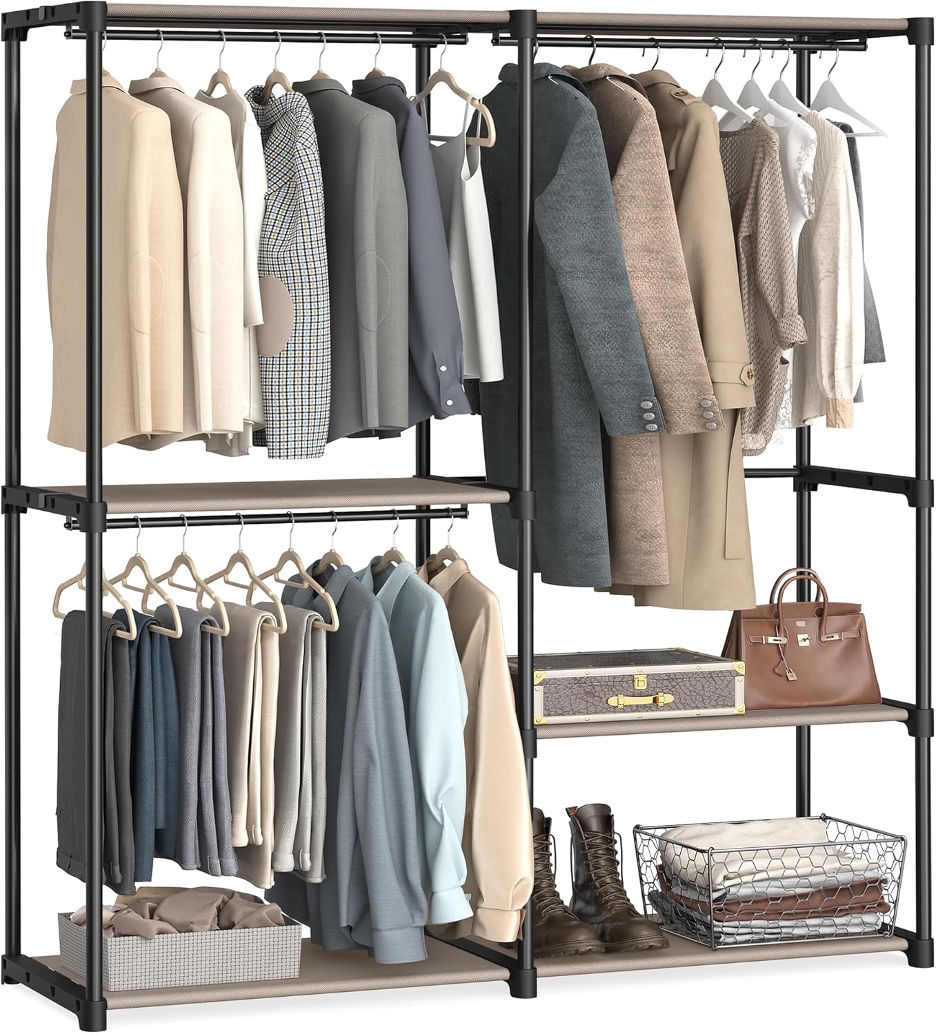 SONGMICS Portable Closet, Freestanding Closet Organizer, Clothes Rack with Shelves, Hanging Rods, Storage Organizer, for Cloakroom, Bedroom, 44.1 x 16.9 x 65 Inches, Black URYG24BK