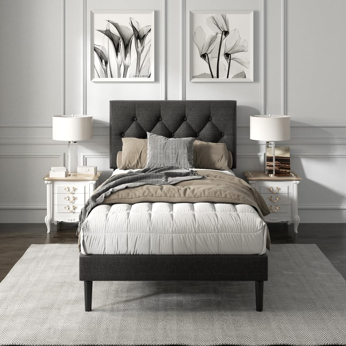 Full Size Platform Bed Frame with Upholstered Button Tufted Headboard, Mattress Foundation with Wooden Slat Support, Noise Free, No Box Spring Needed, Easy Assembly, Light Grey