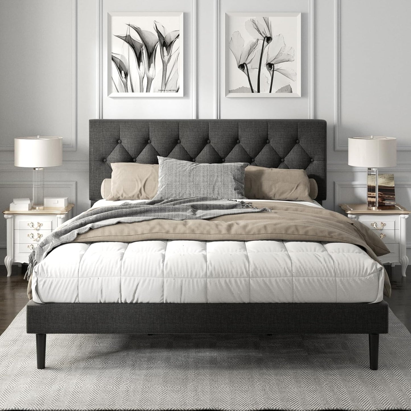 Full Size Platform Bed Frame with Upholstered Button Tufted Headboard, Mattress Foundation with Wooden Slat Support, Noise Free, No Box Spring Needed, Easy Assembly, Light Grey