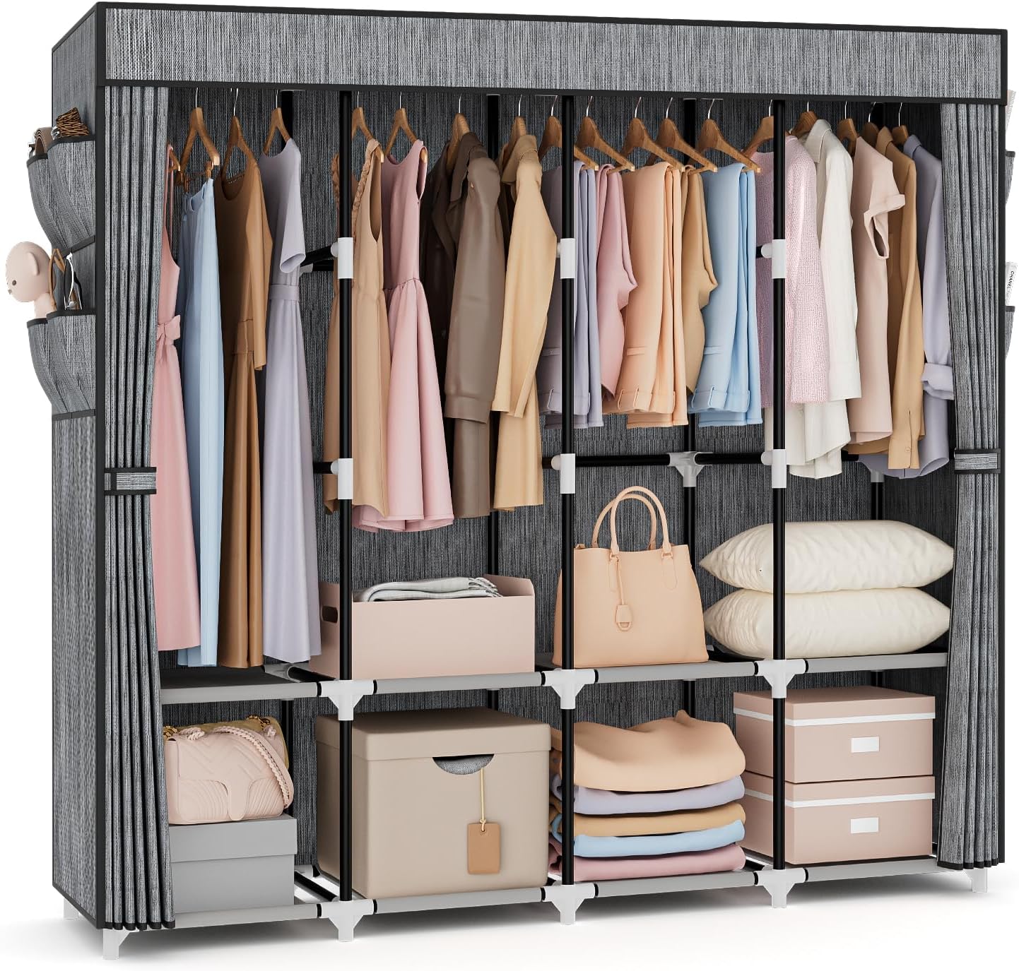 VTRIN Portable Closet for Hanging Clothes 67 Inch Wide Large Capacity Portable Wardrobe Closet with Cover, 4 Storage Shelves and 4 Hanging Rod Sturdy Free Standing Closet for Bedroom, Black