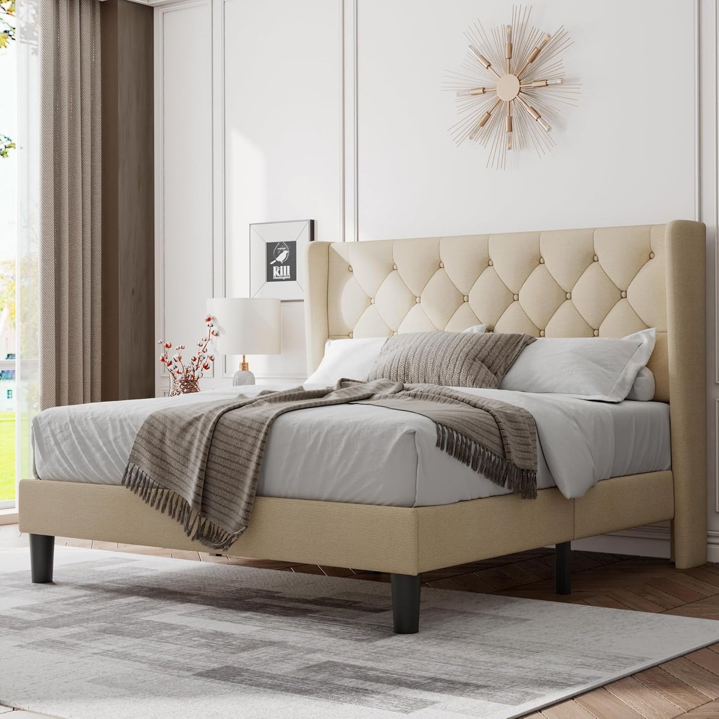 Feonase Full Size Bed Frame with Upholstered Wingback Headboard, Platform Bed and Heavy Duty Wooden Slats Support, Easy Assembly, Noise-Free, No Box Spring Needed, Dark Gray