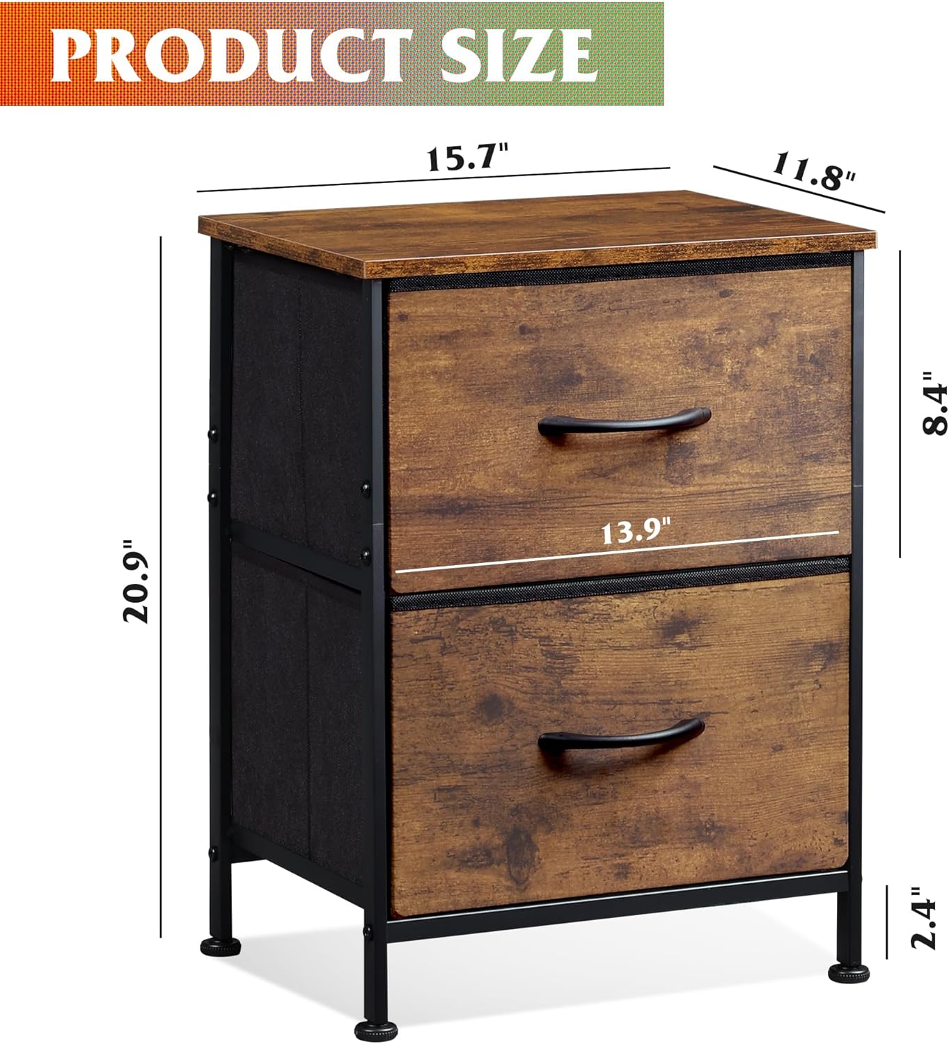 WLIVE Night Stand, Small 2 Drawer Dresser, Nightstand with Fabric Bins for Bedroom, Closet, Dorm, Rustic Brown Wood Grain Print, 11.8" D x 15.7" W x 20.9" H
