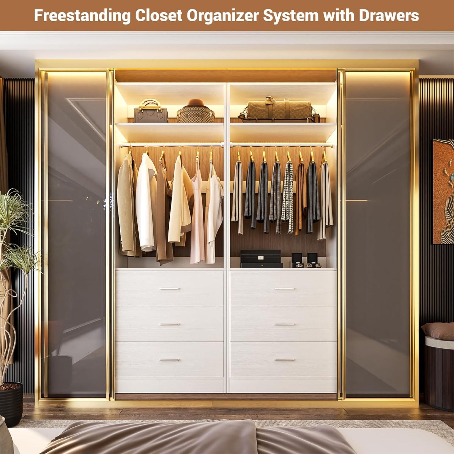 Closet System Set of 2, 4FT Closet Systems with 6 Wood Drawers, 48" Closet Organizer System with 2 Hanging Rods & 2 Shelves, Heavy Duty 48 Inch Walk-in Closet , White (48"L x 15" W x 80" H)