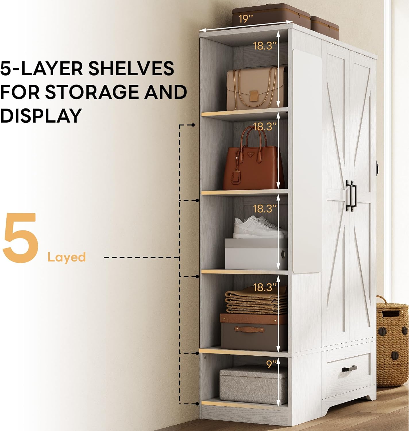 LIKIMIO Armoire Wardrobe Closet 70 Inches, Large Storage with Mirror, 2 Doors, Drawer, and Shelves, Modern Bedroom Freestanding Wooden Wardrobe Combination with Hanging Rail, White