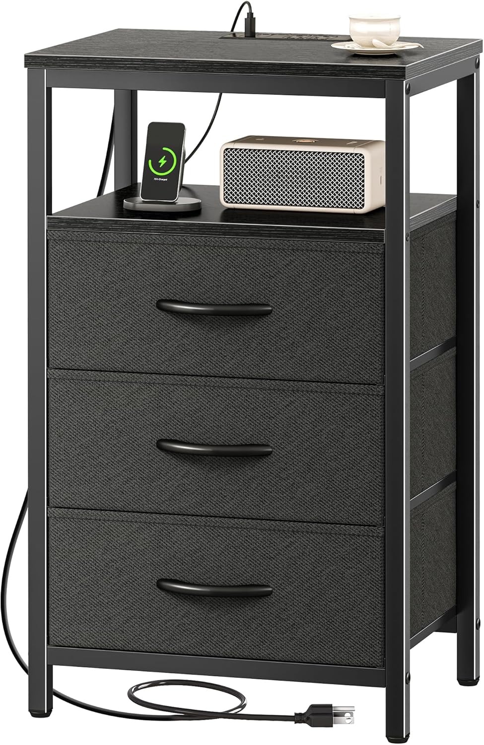 Huuger Nightstand with Charging Station, Side Table with Fabric Drawers, End Table with Open Shelf, Bedside Table with USB Ports and Outlets, Night Stand for Bedroom, White