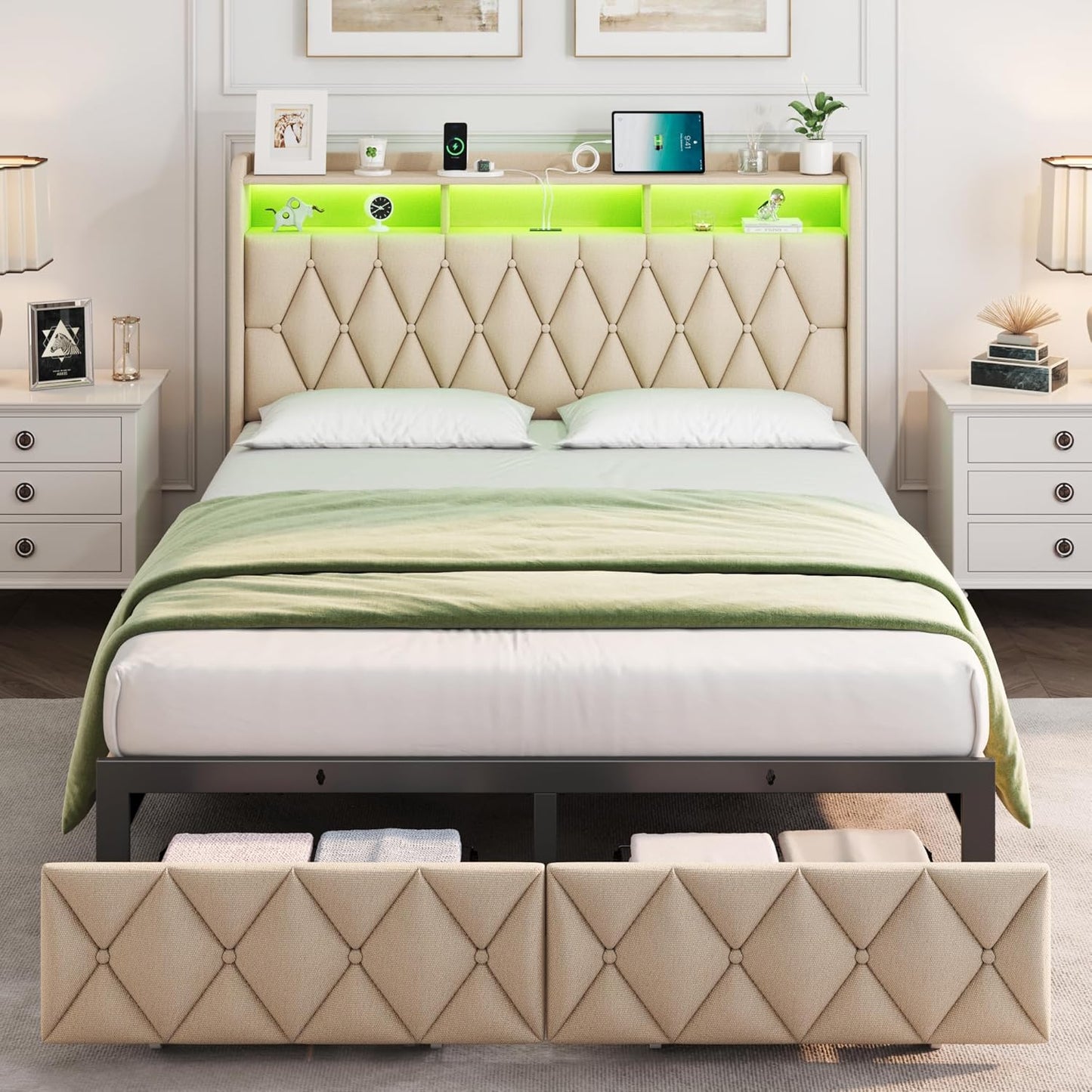 Full Bed Frame with Storage, Upholstered Bed Frame with LED Lights Headboard and 2 Drawers, Full Size Bed with Charging Station, Noise-Free, No Box Spring Needed, Easy Assembly, Grey