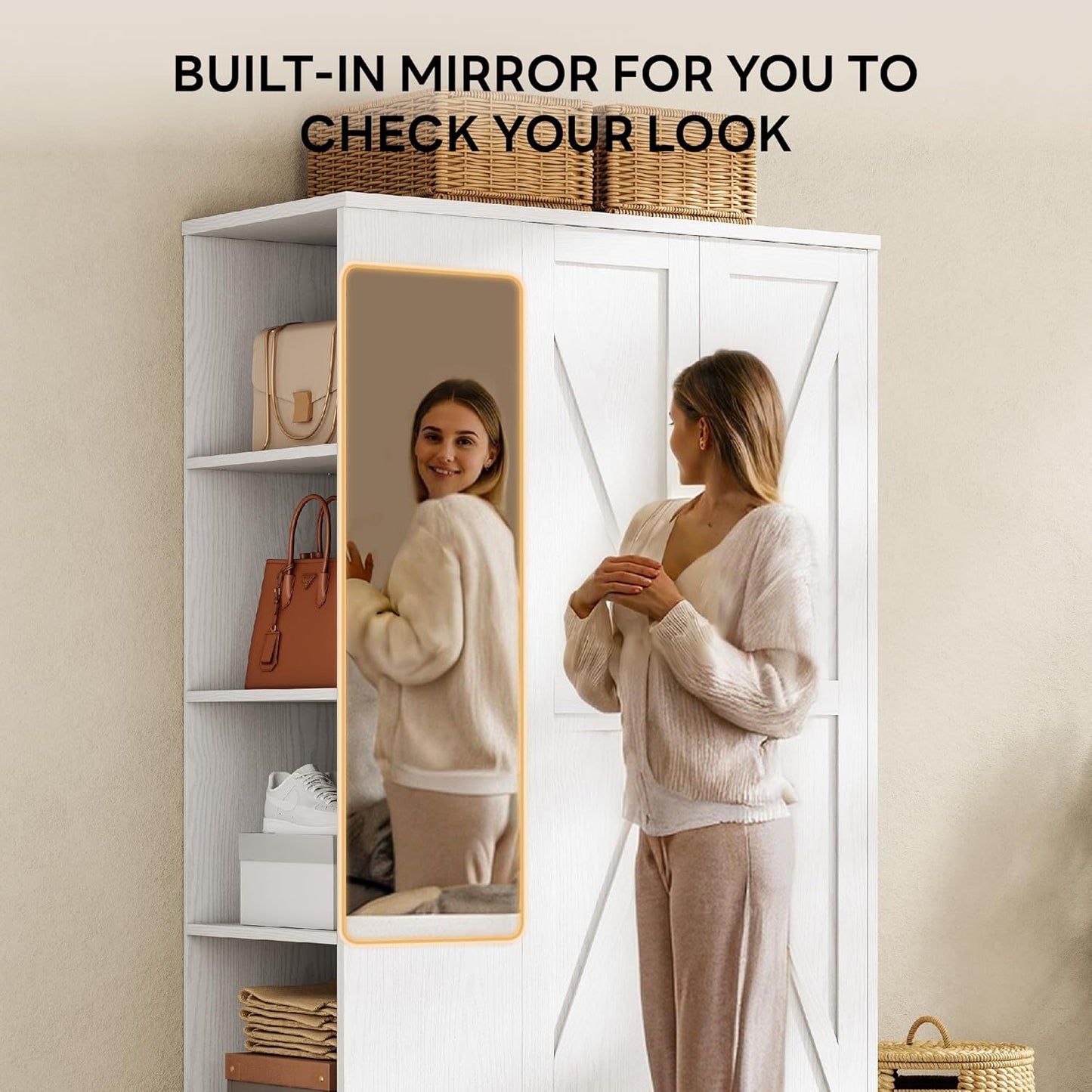 LIKIMIO Armoire Wardrobe Closet 70 Inches, Large Storage with Mirror, 2 Doors, Drawer, and Shelves, Modern Bedroom Freestanding Wooden Wardrobe Combination with Hanging Rail, White