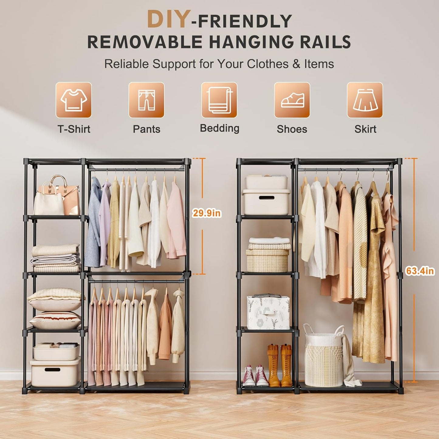 Portable Closet, Freestanding Wardrobe Closet Organizers and Storage,Open Clothing Racks for Hanging Clothes with 4 Shelves and 2 Hanging Rods，47.8x15.8x63.4 Inches