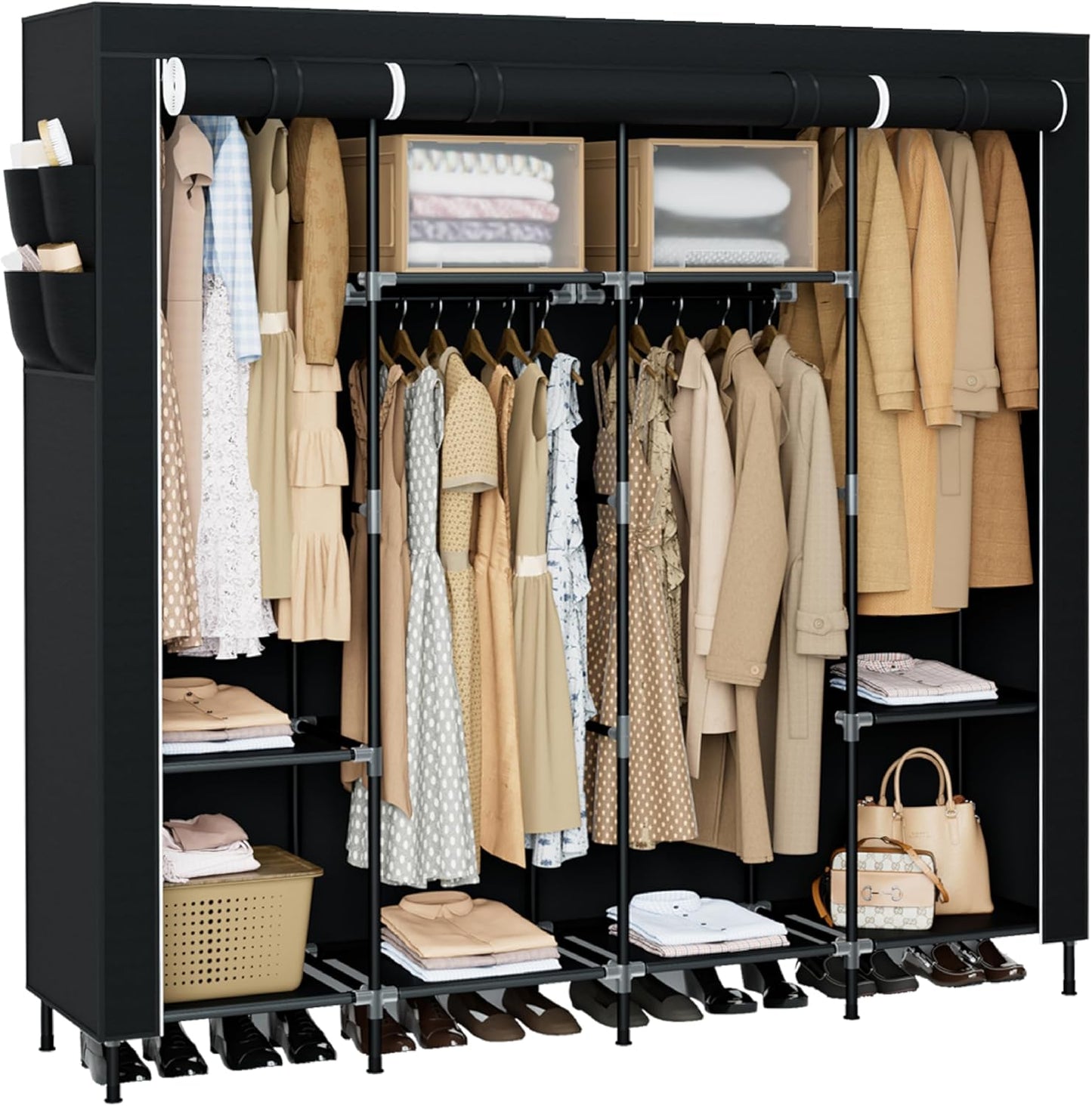 Portable Closet, 51.2 Inch Large Capacity Wardrobe Closet with Cover, Clothes Storage Organizer with Shelves and 3 Hanging Rods, Easy to Assembly, Black PCT203B01