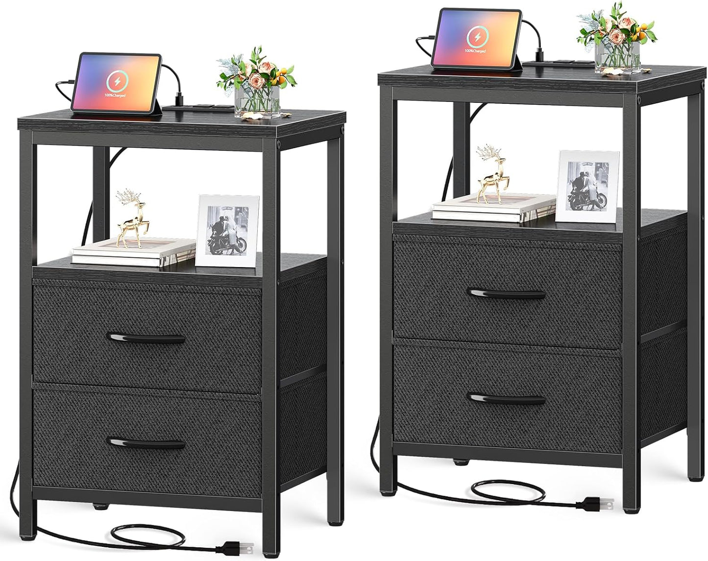 Huuger Nightstand with Charging Station, Side Table with Fabric Drawers, End Table with Open Shelf, Bedside Table with USB Ports and Outlets, Night Stand for Bedroom, White