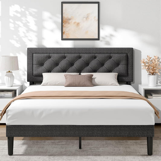 BedsPick Queen Size Bed Frame with Headboard, Upholstered Bed Frame with Button Tufted, Platform Bed with Wood Slat Support,Noise Free, Easy Assembly, No Box Spring Needed (Dark Grey, Queen)