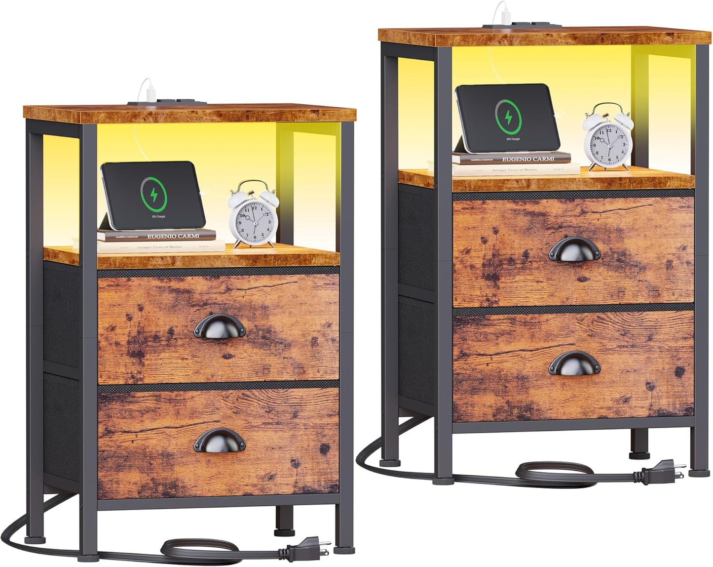 Furologee Nightstands Set of 2, End Tables with Charging Station and LED Lights, Black Night Stands with 2 Fabric Drawers, Bedside Tables Set of 2 for Living Room/Bedroom,Black Oak