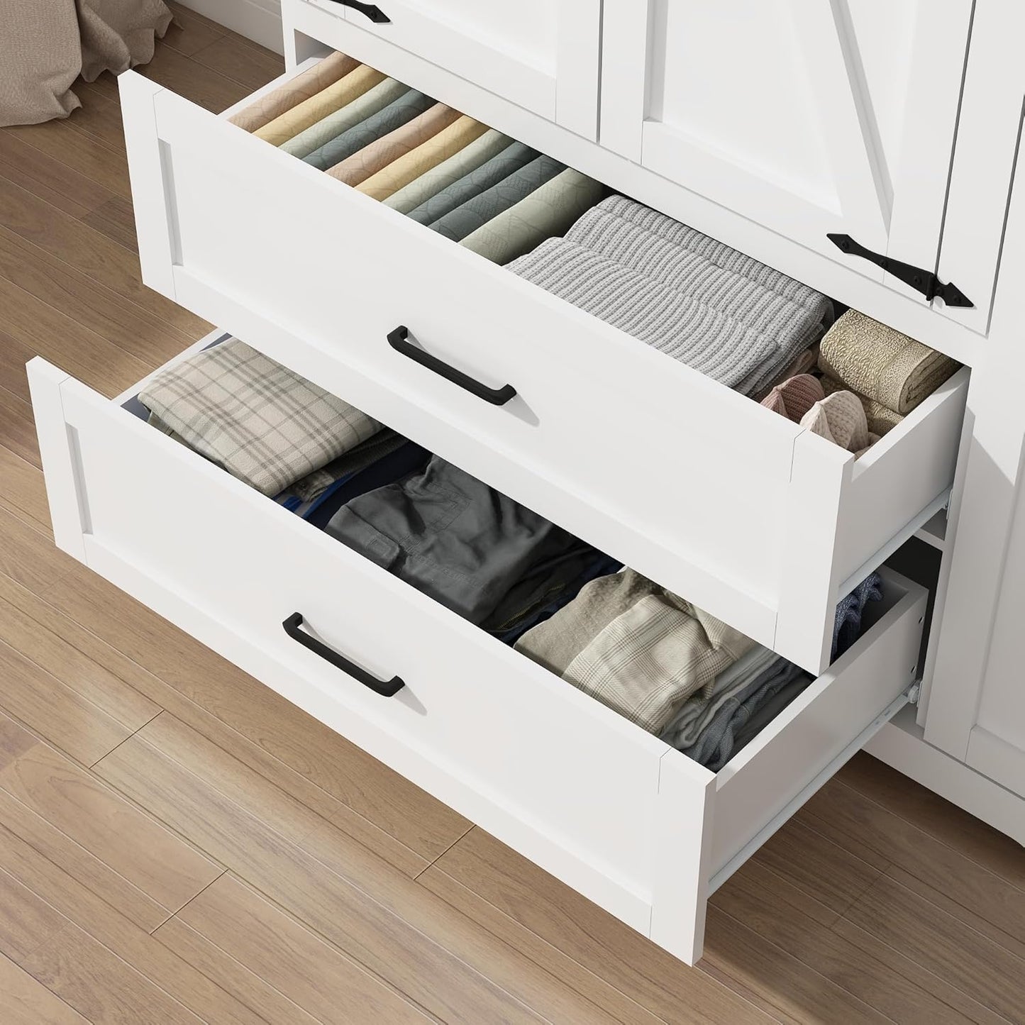 3 Doors Wardrobe Armoire Closet with Doors and Drawers, Farmhouse Wooden Armoire Storage Cabinet with Shelves & Hanging Rod for Bedroom, White